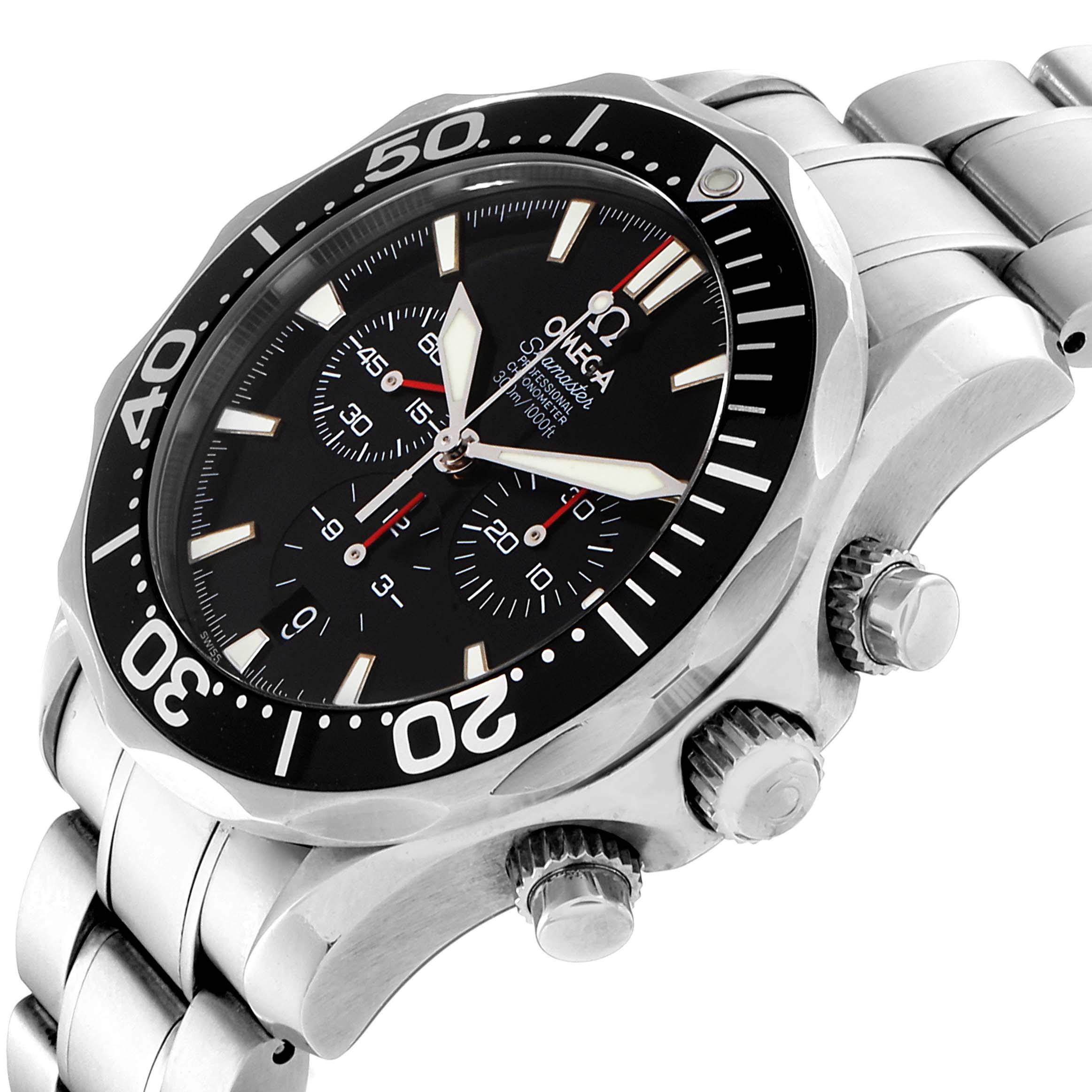 This image shows an Omega Seamaster 2594.52.00 Men
s Stainless Steel Black Dial 2594.52.00 Men
s Stainless Steel Black Dial watch at an angle, highlighting the bezel, face, crown, pushers, and stainless steel bracelet.