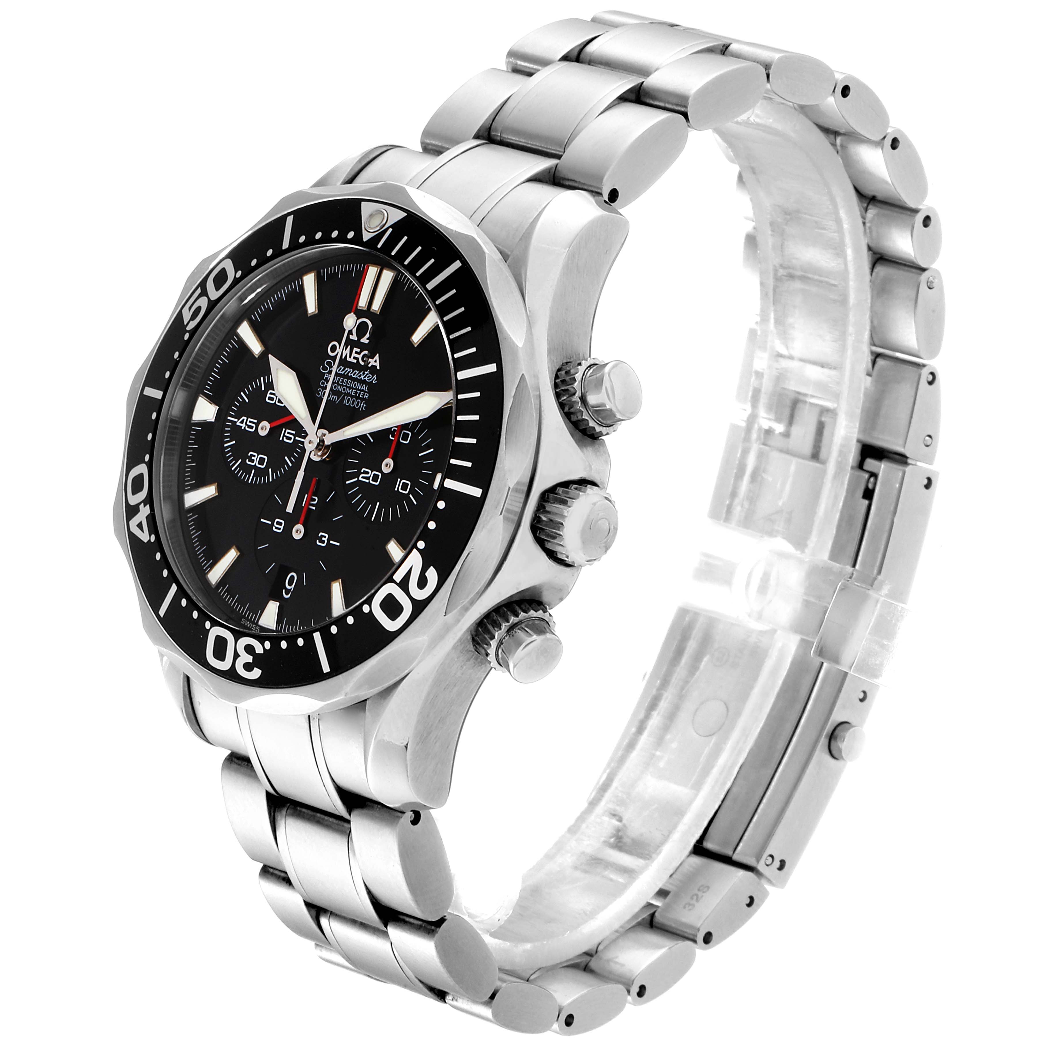 The image shows an Omega Seamaster 2594.52.00 Men
s Stainless Steel Black Dial 2594.52.00 Men
s Stainless Steel Black Dial watch from a right three-quarter angle, displaying its bezel, dial, crown, and stainless steel bracelet.