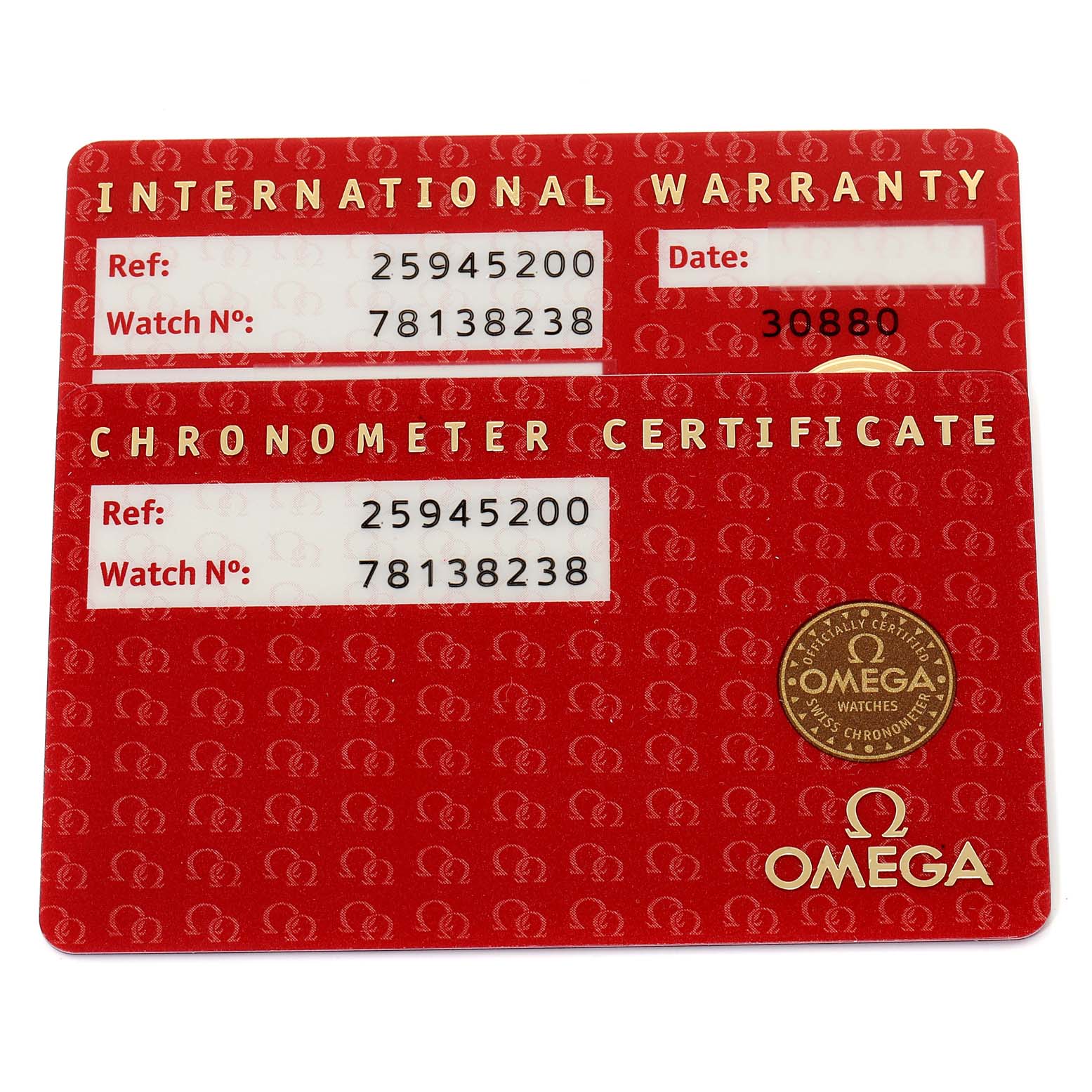 This image shows the International Warranty and Chronometer Certificate cards for an Omega Seamaster 2594.52.00 Men
s Stainless Steel Black Dial 2594.52.00 Men
s Stainless Steel Black Dial watch.