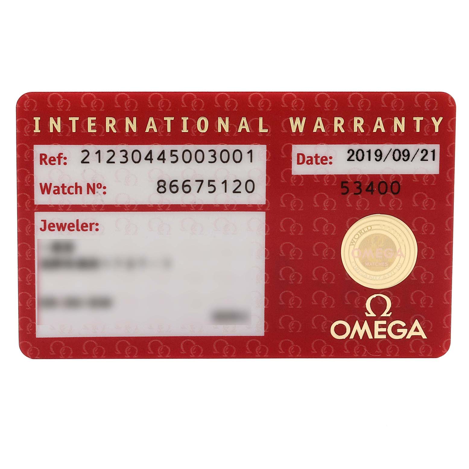The image shows the International Warranty card for an Omega Seamaster 212.30.44.50.03.001 Men
s Stainless Steel Blue Dial 212.30.44.50.03.001 Men
s Stainless Steel Blue Dial model watch.