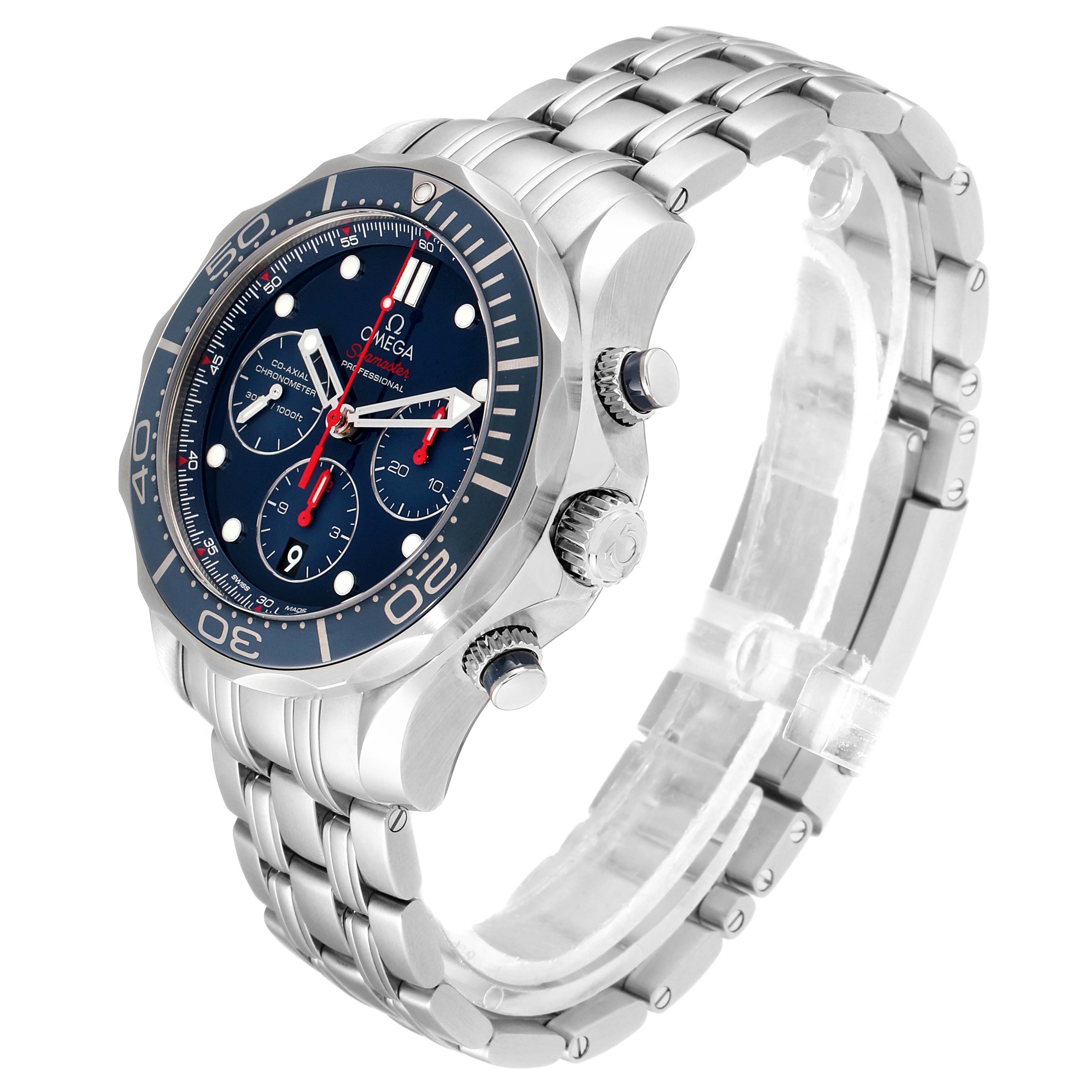 The photo shows a side angle of the Omega Seamaster 212.30.44.50.03.001 Men
s Stainless Steel Blue Dial 212.30.44.50.03.001 Men
s Stainless Steel Blue Dial watch, highlighting the face, bezel, crown, pushers, and metal bracelet.