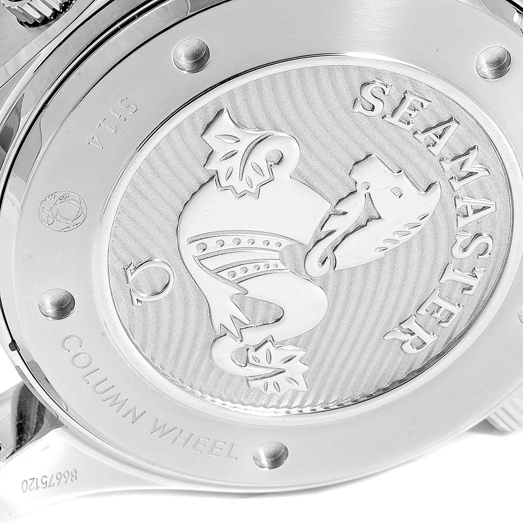 The image shows the back case of an Omega Seamaster 212.30.44.50.03.001 Men
s Stainless Steel Blue Dial 212.30.44.50.03.001 Men
s Stainless Steel Blue Dial watch, featuring the Seamaster logo and some engraved text.