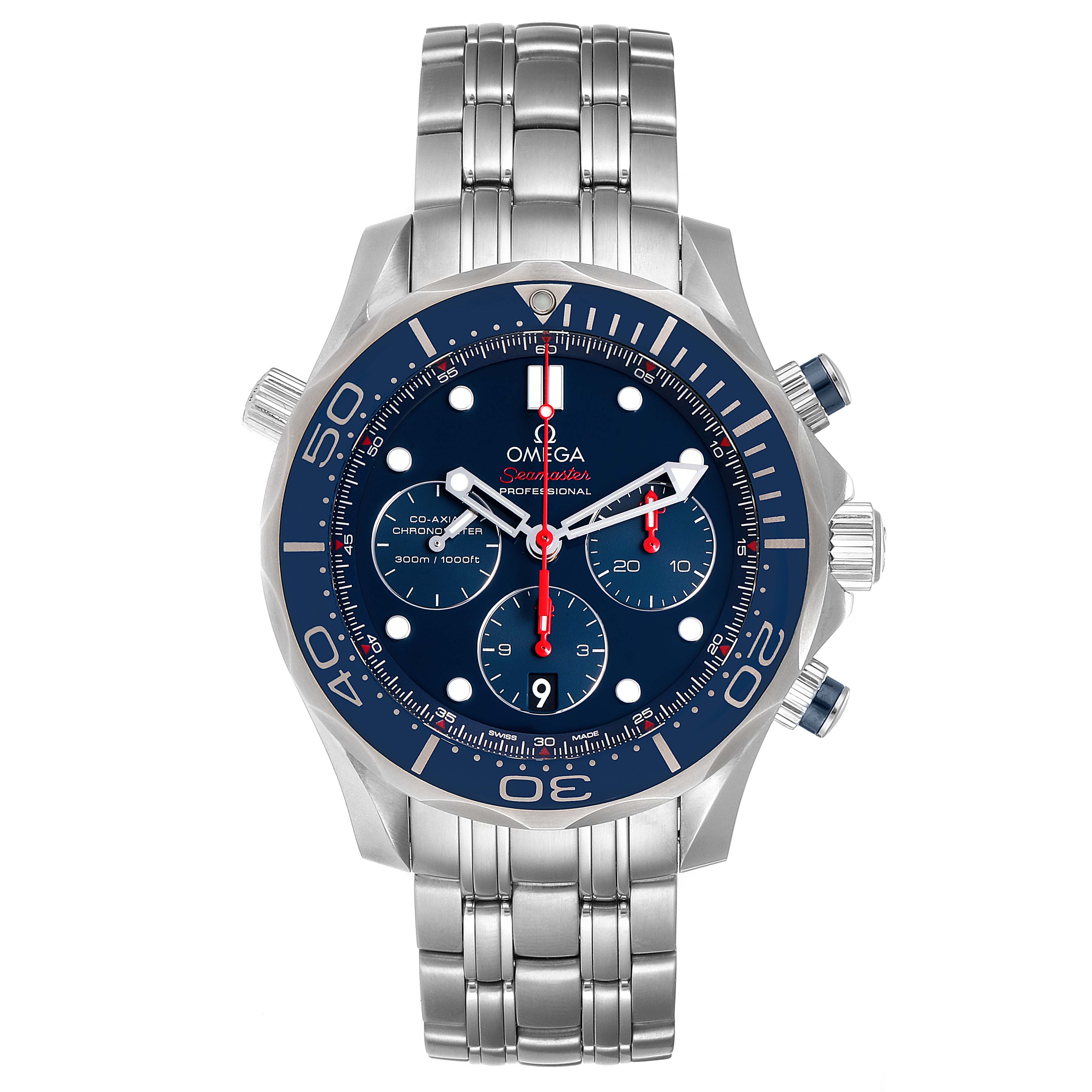 The image shows a frontal view of an Omega Seamaster 212.30.44.50.03.001 Men
s Stainless Steel Blue Dial 212.30.44.50.03.001 Men
s Stainless Steel Blue Dial watch, highlighting the dial, bezel, and bracelet.
