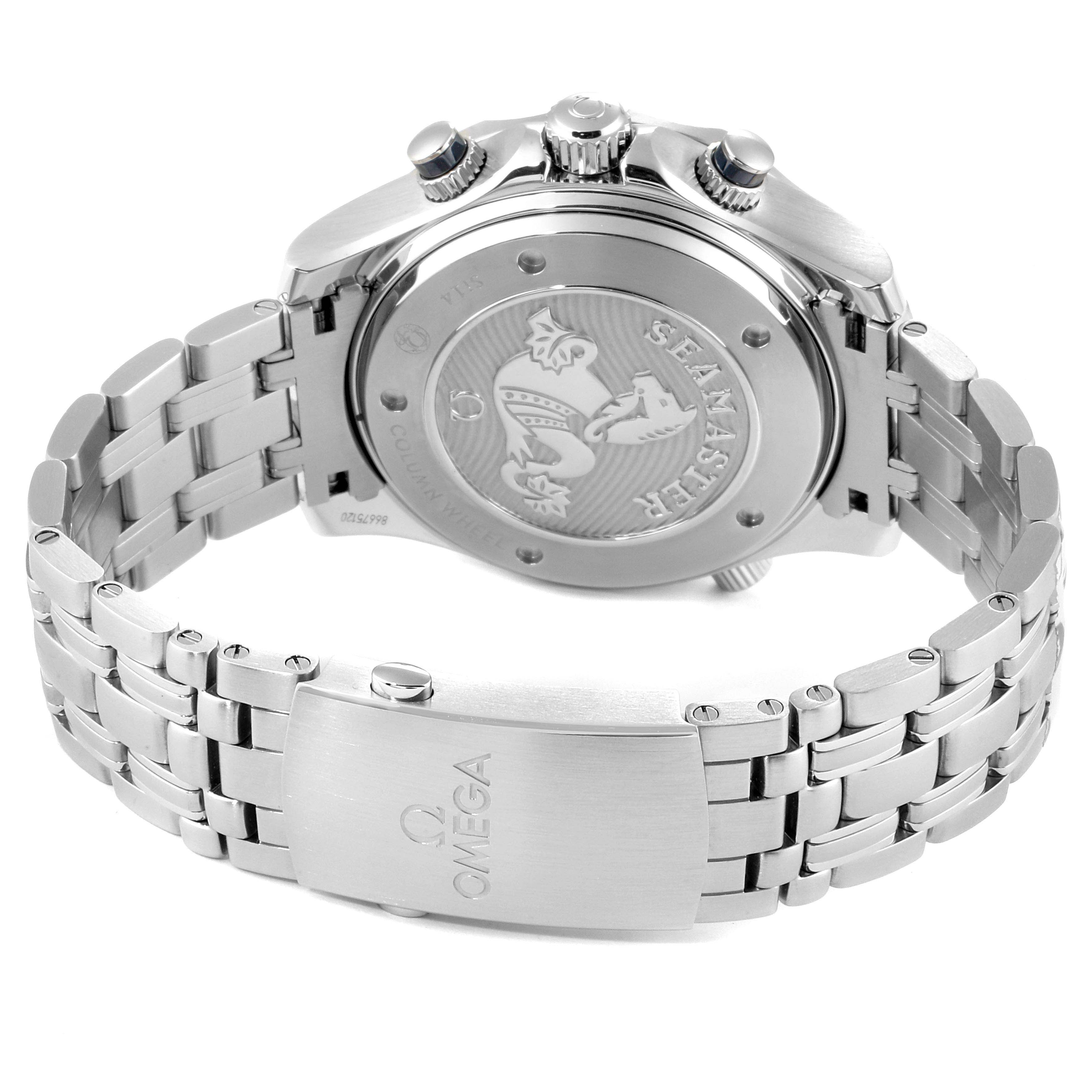The image shows the back and bracelet of an Omega Seamaster 212.30.44.50.03.001 Men
s Stainless Steel Blue Dial 212.30.44.50.03.001 Men
s Stainless Steel Blue Dial watch, focusing on the case back design and the clasp.