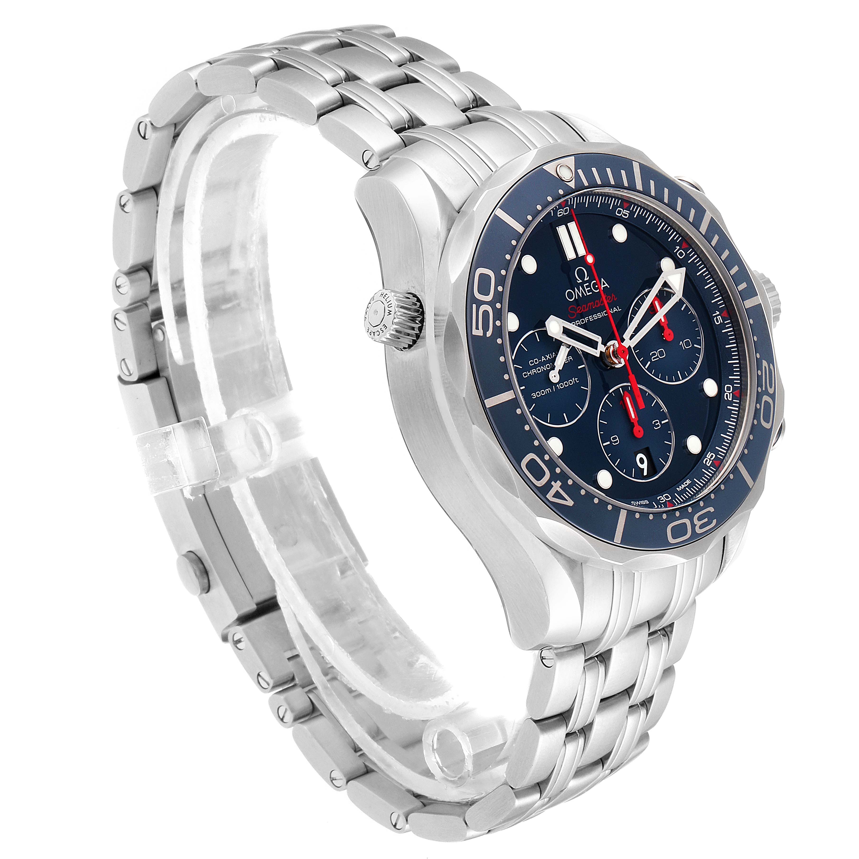 This side-angle view shows the Omega Seamaster 212.30.44.50.03.001 Men
s Stainless Steel Blue Dial 212.30.44.50.03.001 Men
s Stainless Steel Blue Dial watch
s face, bezel, crown, and stainless steel bracelet.