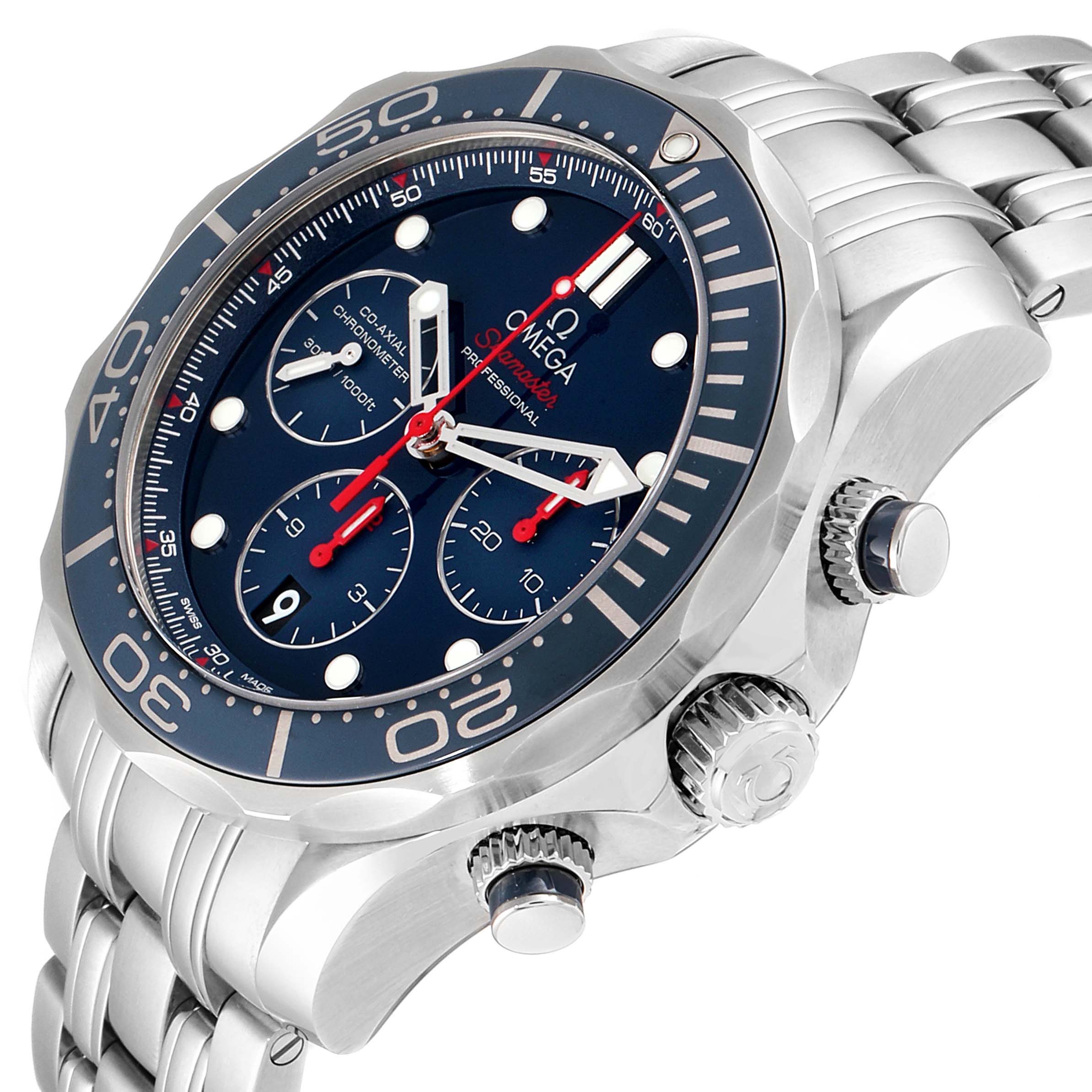 The image shows a close-up angle of the front and side of an Omega Seamaster 212.30.44.50.03.001 Men
s Stainless Steel Blue Dial 212.30.44.50.03.001 Men
s Stainless Steel Blue Dial watch, highlighting the dial, bezel, and crown.