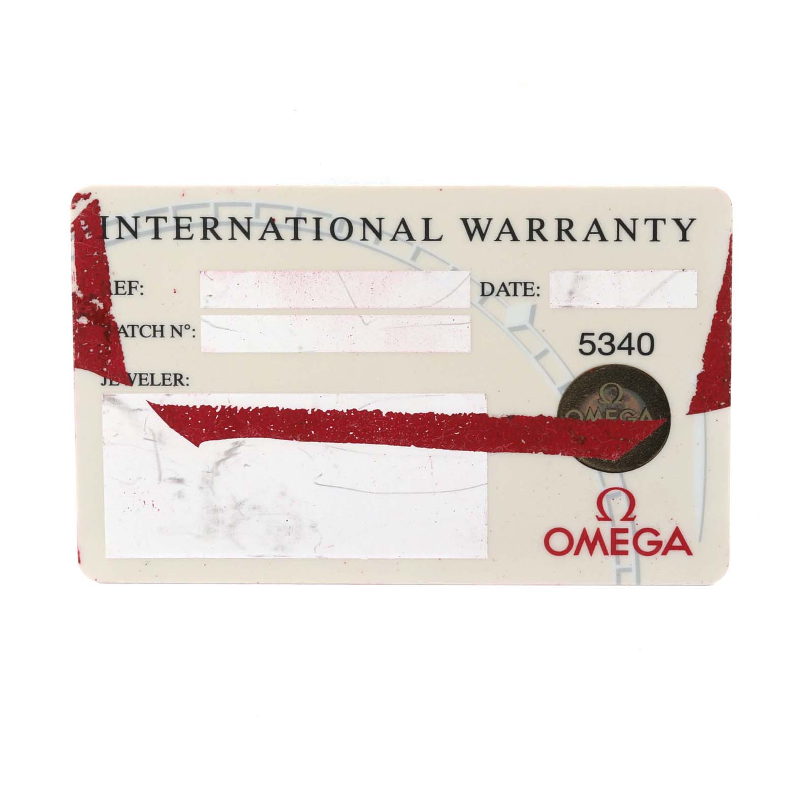 This image shows an Omega Seamaster 2531.80.00 Men
s Stainless Steel Blue Dial 2531.80.00 Men
s Stainless Steel Blue Dial International Warranty card with sections for date, reference, and serial number.