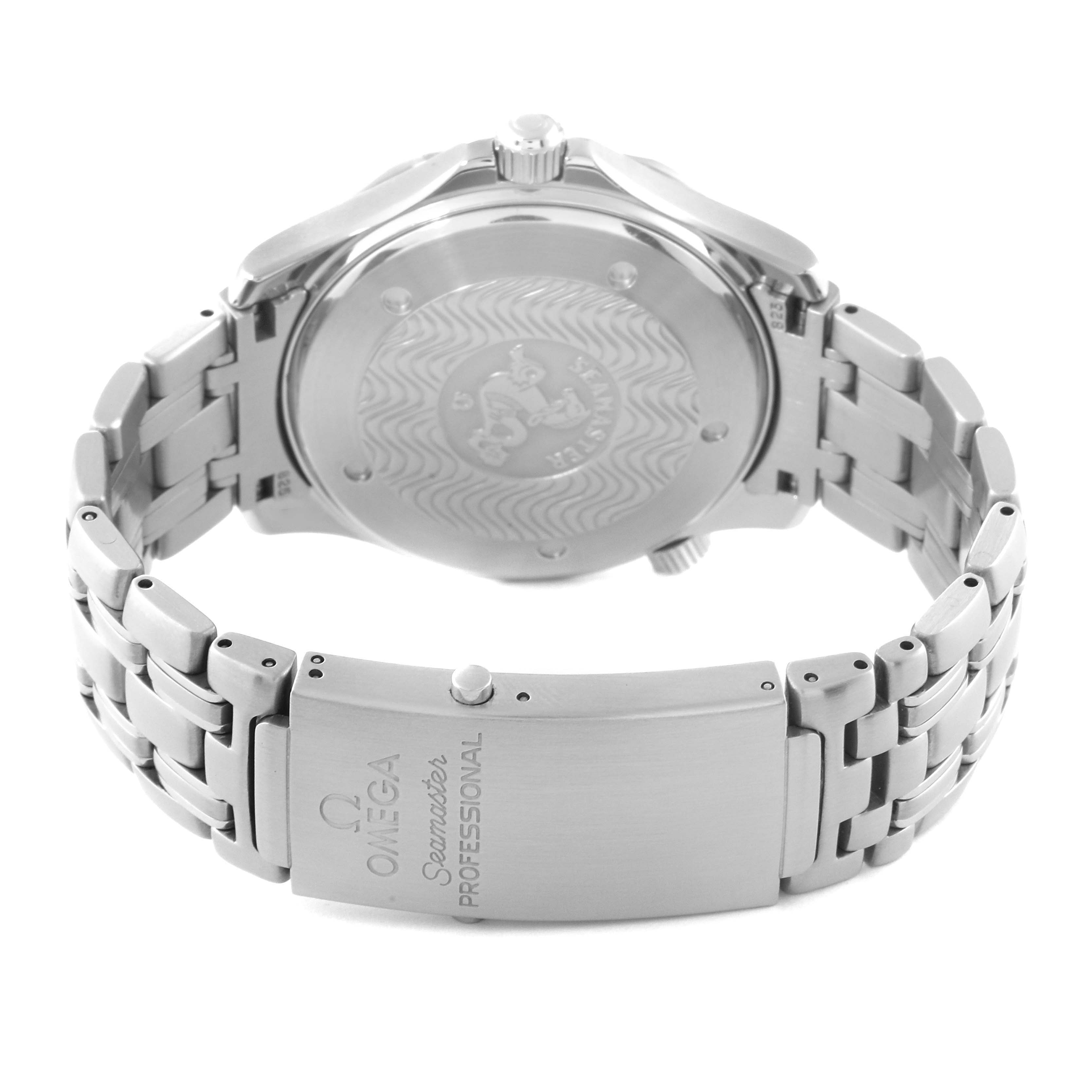 The image shows the back case and bracelet clasp of an Omega Seamaster 2531.80.00 Men
s Stainless Steel Blue Dial 2531.80.00 Men
s Stainless Steel Blue Dial watch, viewed from a rear angle.