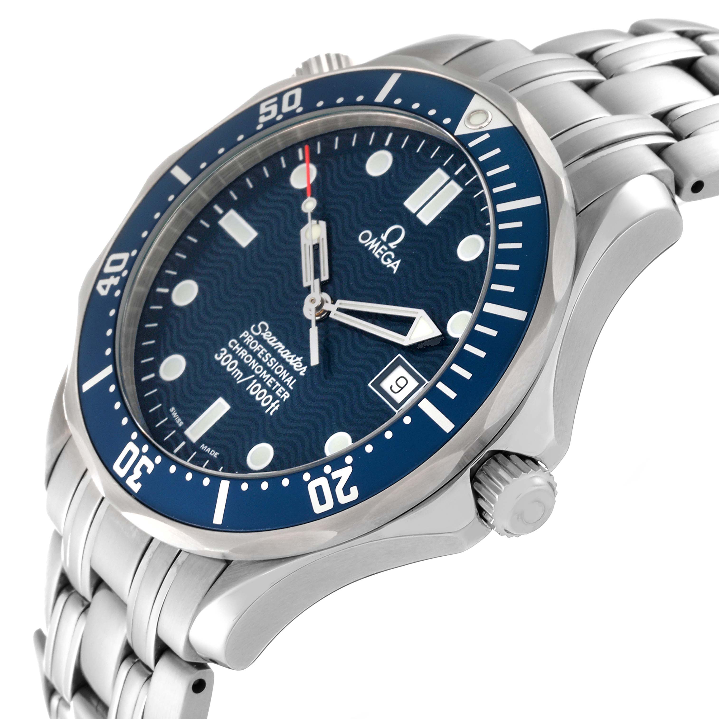 The image shows an angled view of an Omega Seamaster 2531.80.00 Men
s Stainless Steel Blue Dial 2531.80.00 Men
s Stainless Steel Blue Dial watch, highlighting the bezel, dial, crown, and part of the bracelet.