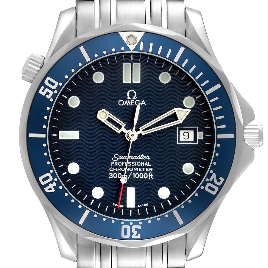 The Omega Seamaster watch is shown from the front, displaying the dial, bezel, hands, and part of the bracelet.