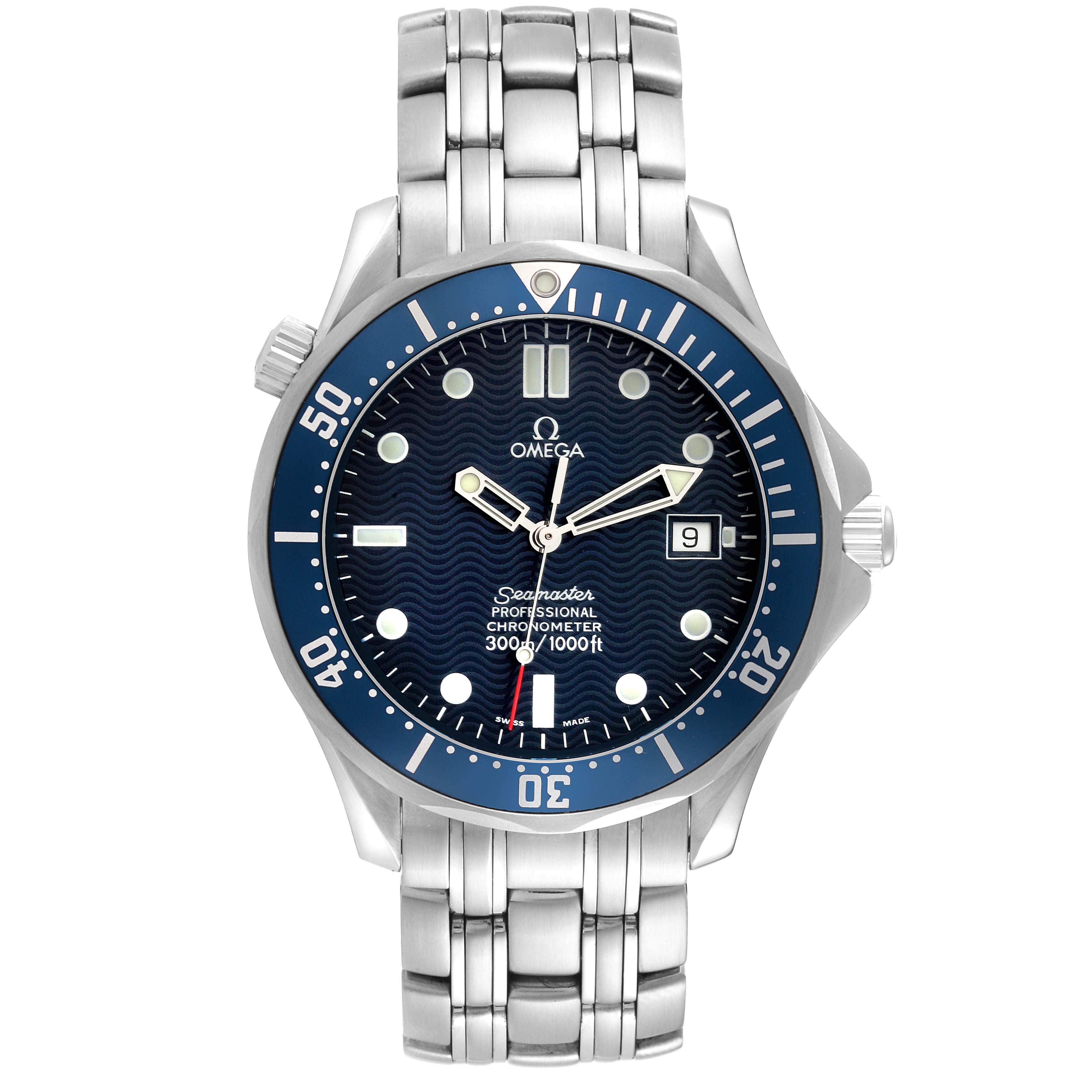 This image shows a front view of the Omega Seamaster 2531.80.00 Men
s Stainless Steel Blue Dial 2531.80.00 Men
s Stainless Steel Blue Dial watch, highlighting its blue dial, bezel, and stainless steel bracelet.