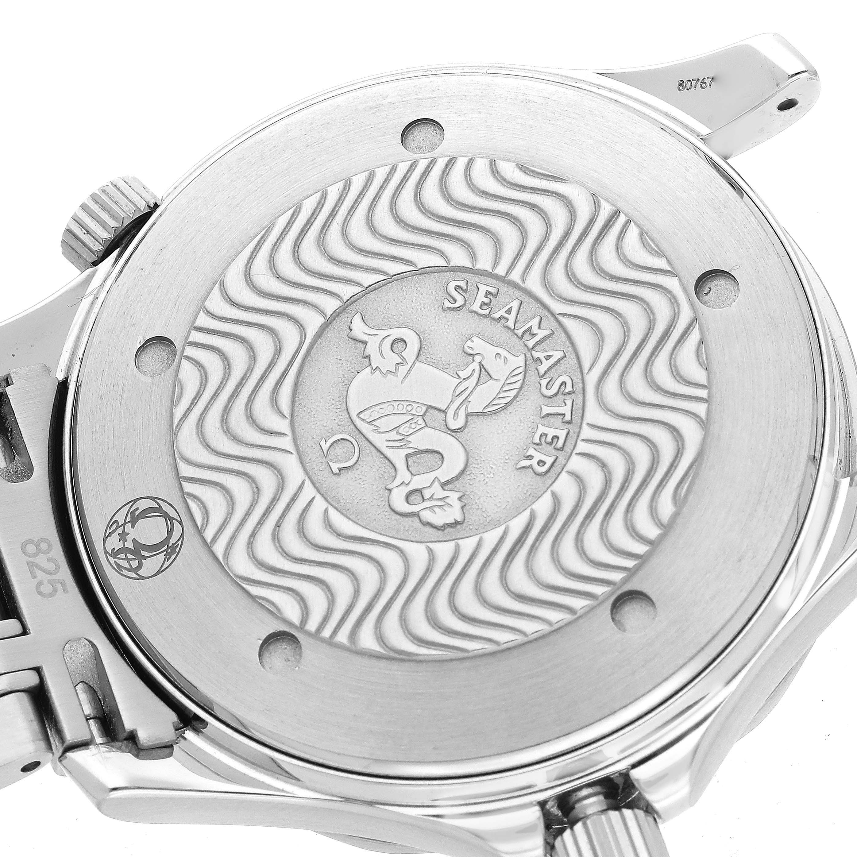 The image shows the case back of an Omega Seamaster 2531.80.00 Men
s Stainless Steel Blue Dial 2531.80.00 Men
s Stainless Steel Blue Dial watch with its signature wave pattern and logo.