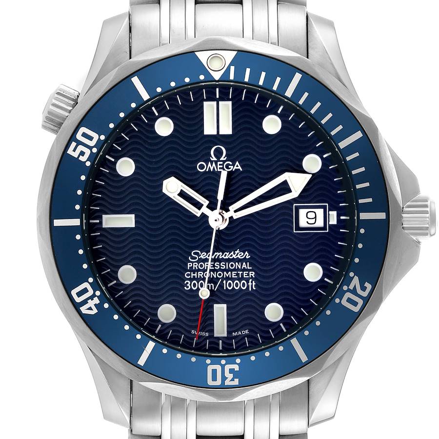 The image shows the front view of an Omega Seamaster watch with a blue dial, bezel, and stainless steel bracelet.