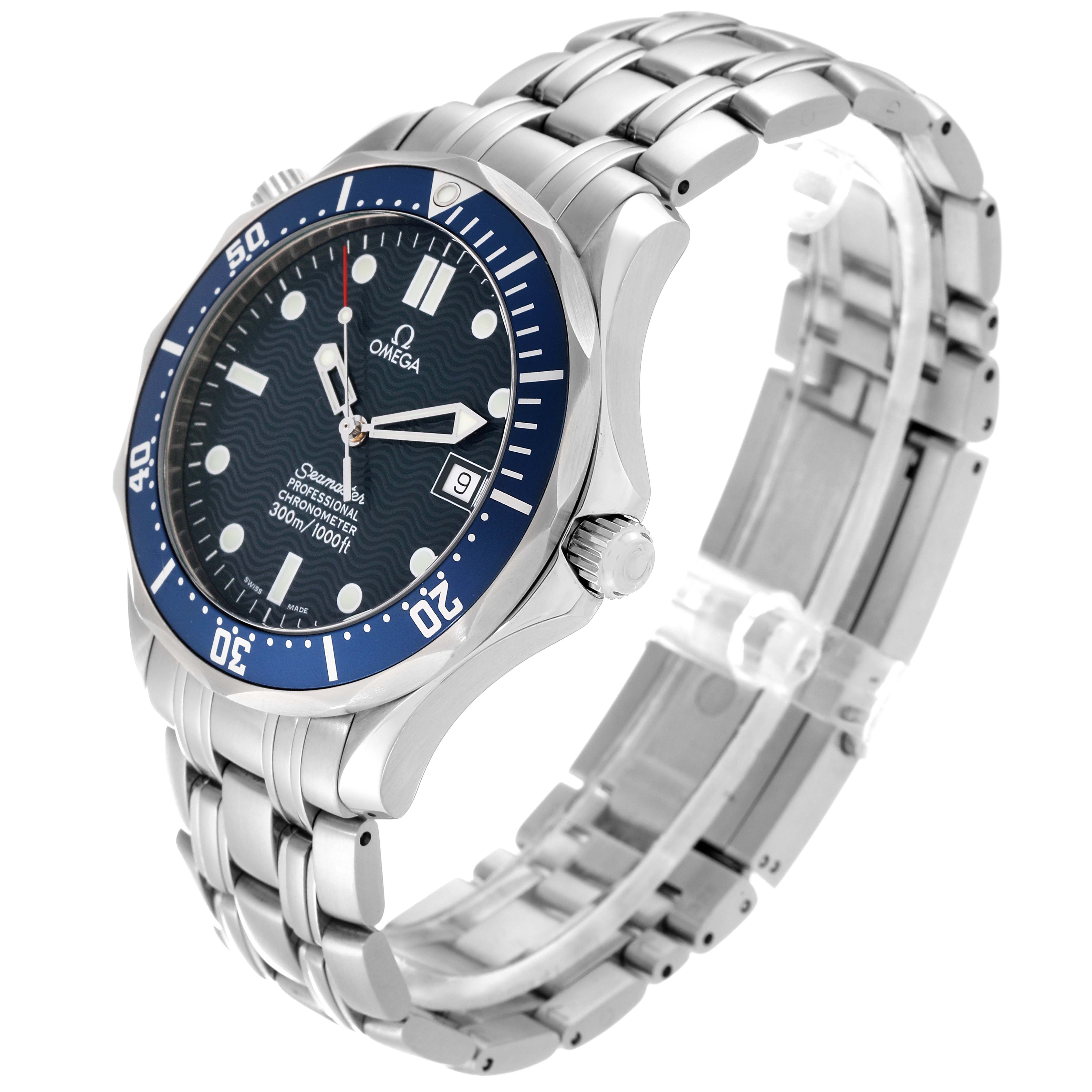 The image shows an Omega Seamaster 2531.80.00 Men
s Stainless Steel Blue Dial 2531.80.00 Men
s Stainless Steel Blue Dial watch at a slightly tilted angle, highlighting the dial, bezel, crown, and stainless steel bracelet.