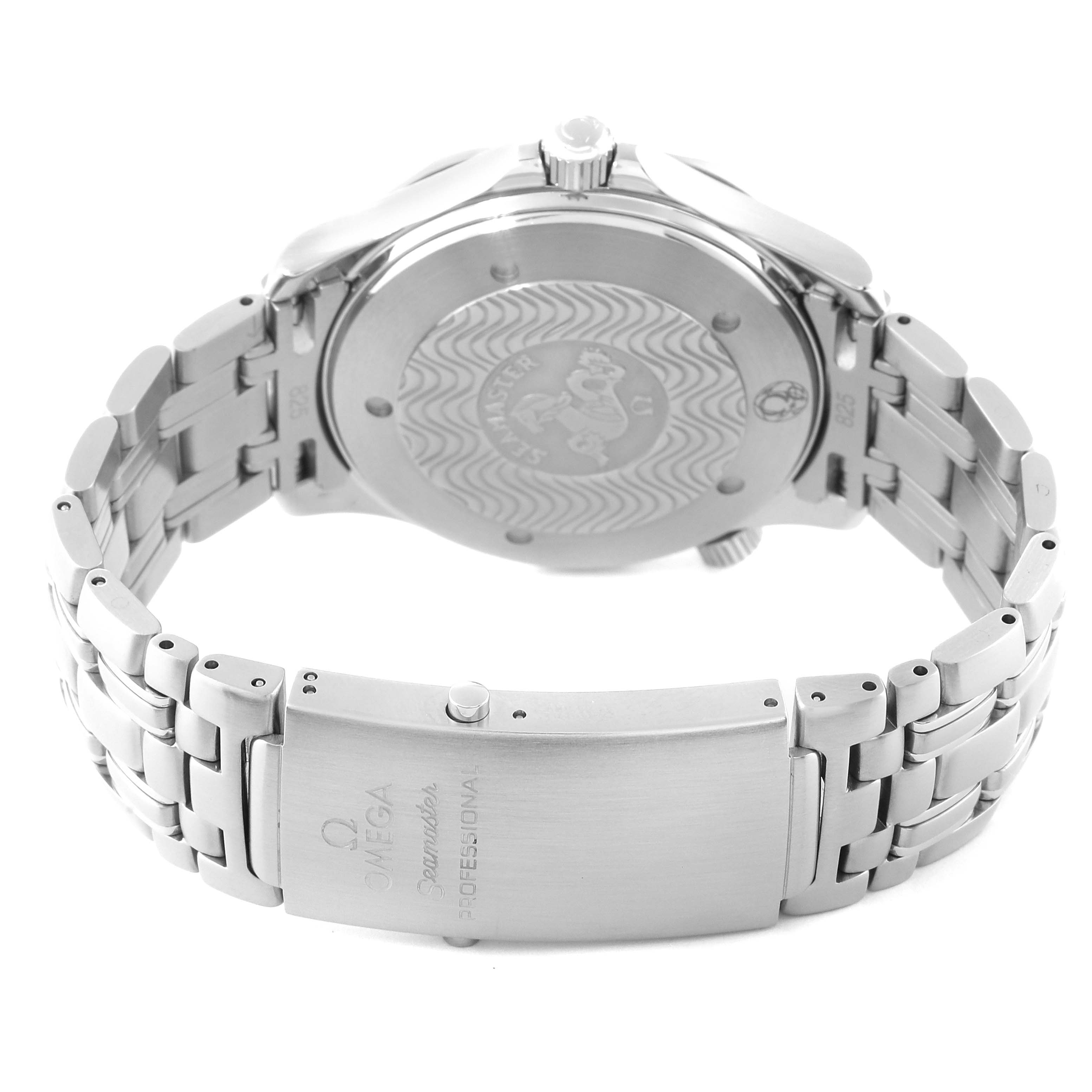 The image shows the back of the Omega Seamaster 2531.80.00 Men
s Stainless Steel Blue Dial 2531.80.00 Men
s Stainless Steel Blue Dial watch, highlighting the engraved case back and part of the metal bracelet.