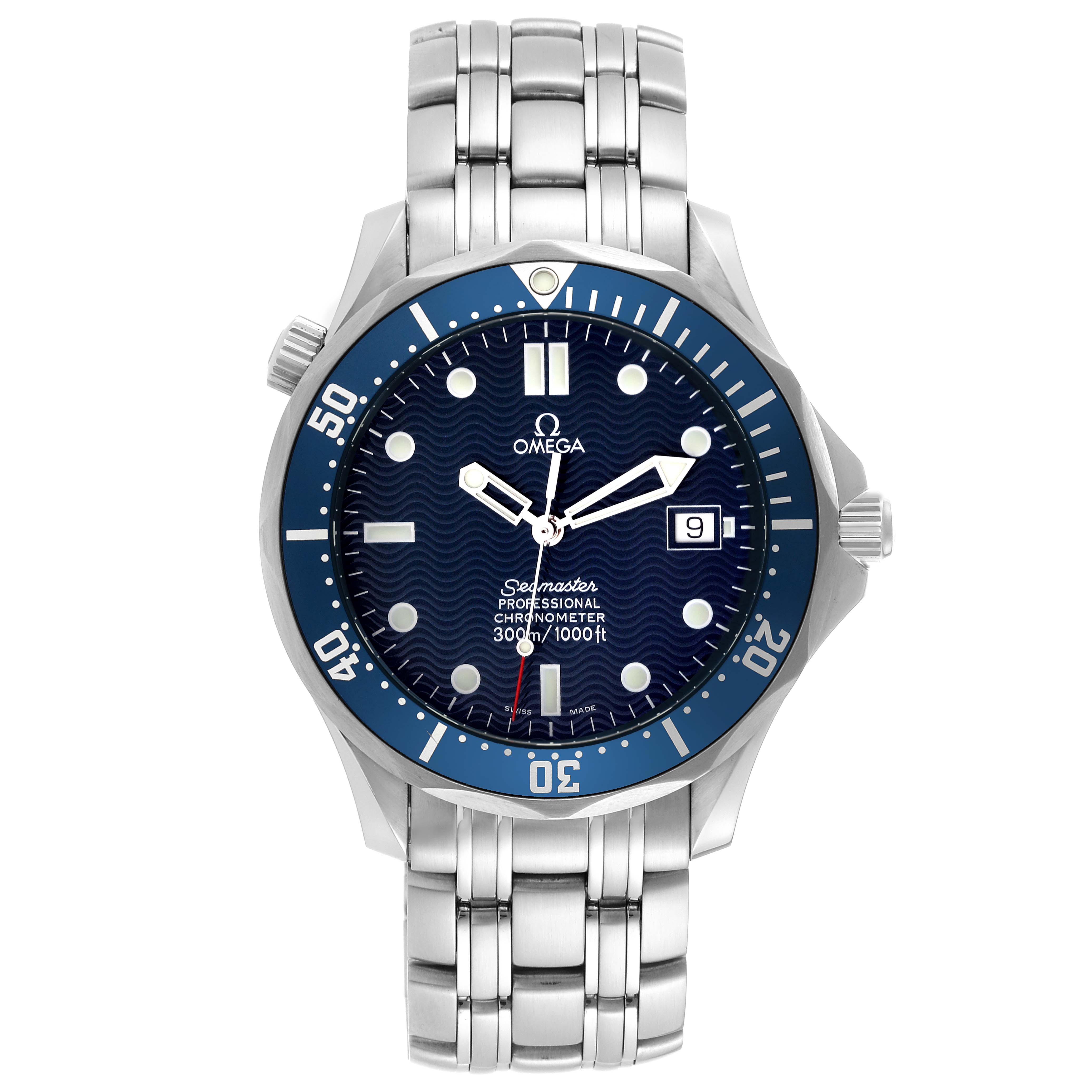 The Omega Seamaster 2531.80.00 Men
s Stainless Steel Blue Dial 2531.80.00 Men
s Stainless Steel Blue Dial watch is shown from a top-down angle, displaying its face, bezel, and metal bracelet.