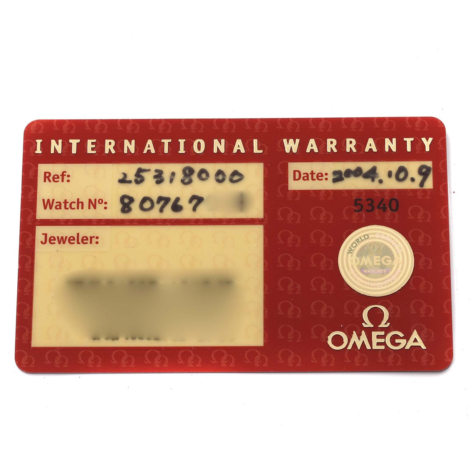 The image shows an International Warranty card for the Omega Seamaster 2531.80.00 Men
s Stainless Steel Blue Dial 2531.80.00 Men
s Stainless Steel Blue Dial watch, displaying reference and watch numbers, date of purchase, and jeweler information.