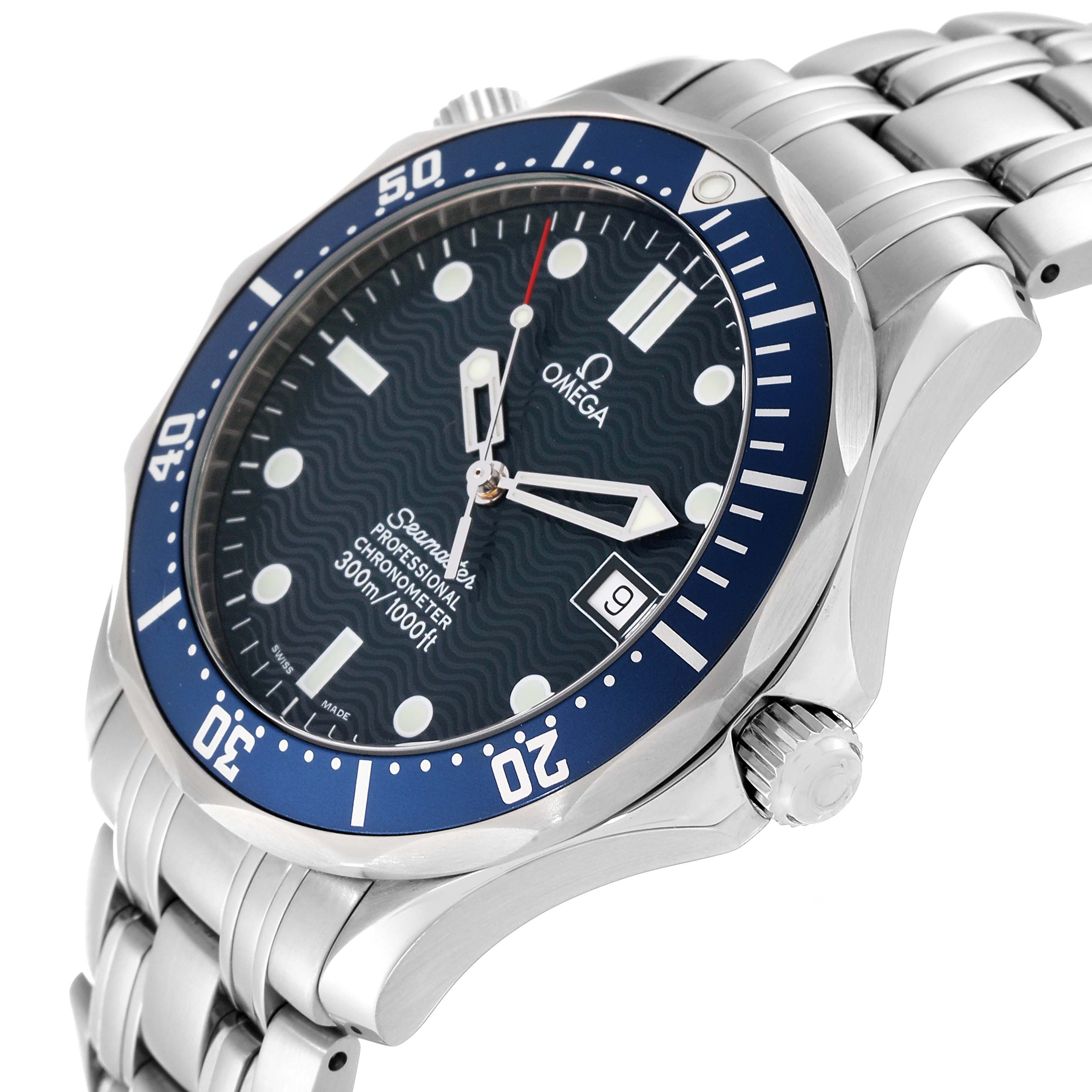 The Omega Seamaster 2531.80.00 Men
s Stainless Steel Blue Dial 2531.80.00 Men
s Stainless Steel Blue Dial watch is shown at an angle, highlighting the face, bezel, crown, and stainless steel bracelet.