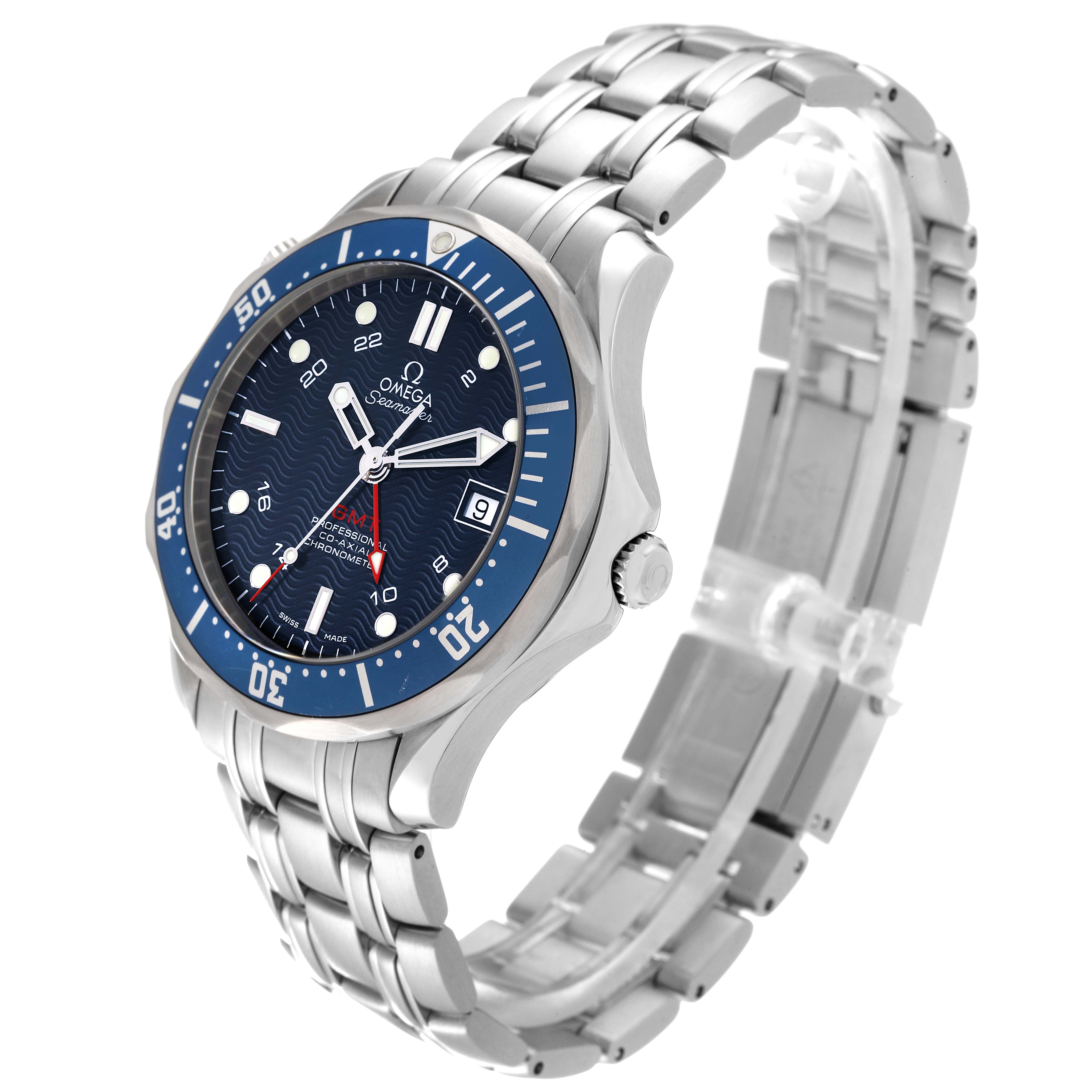 The Omega Seamaster 2535.80.00 Men
s Stainless Steel Blue Dial 2535.80.00 Men
s Stainless Steel Blue Dial watch is shown at an angled view, featuring the face, bezel, and stainless steel bracelet.