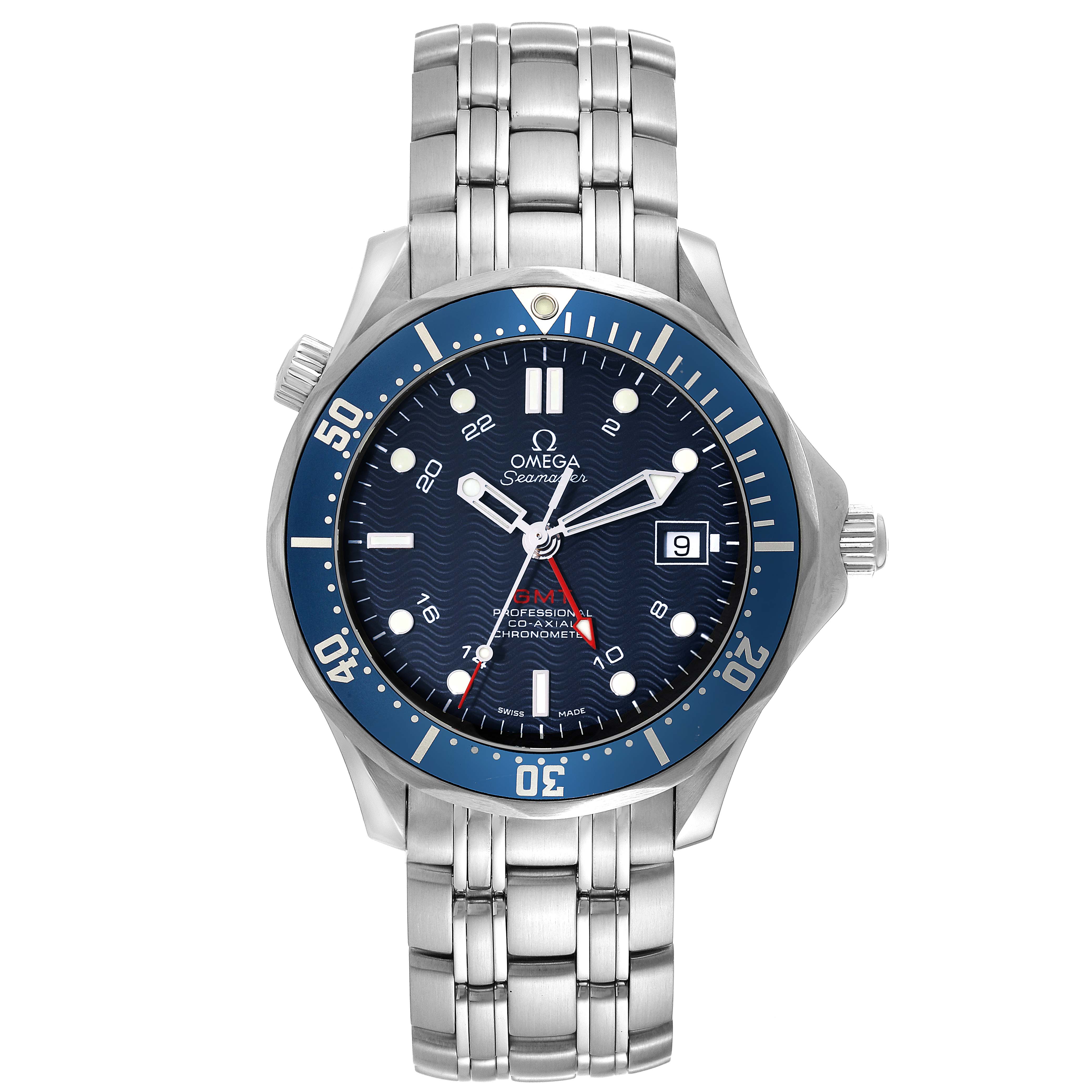 The image shows an Omega Seamaster 2535.80.00 Men
s Stainless Steel Blue Dial 2535.80.00 Men
s Stainless Steel Blue Dial watch from a front angle, displaying the dial, bezel, hands, and bracelet in full view.