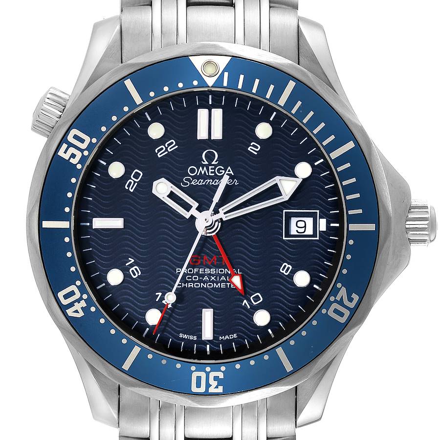 This image shows a front view of an Omega Seamaster watch, highlighting its dial, bezel, crown, and part of the bracelet.