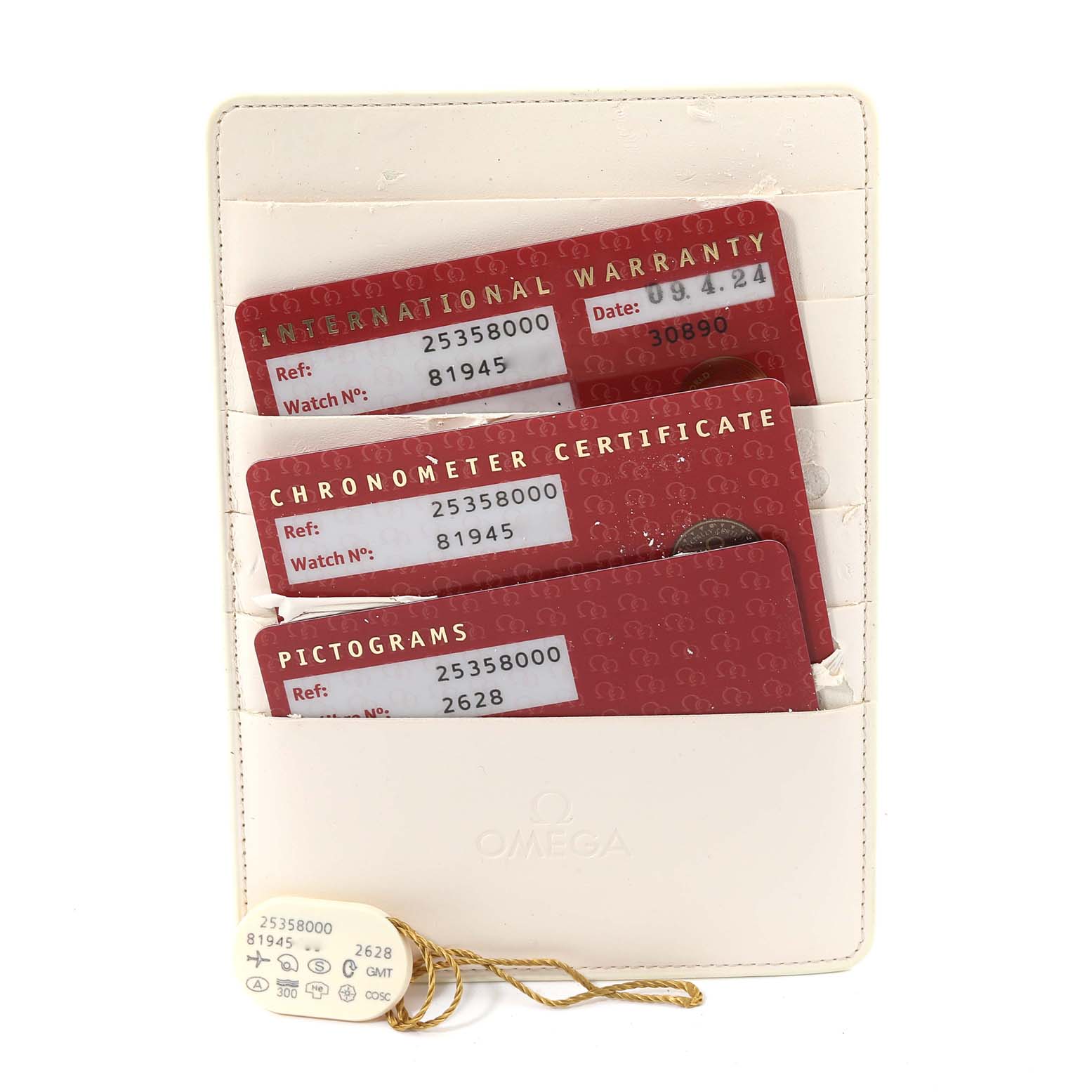 The image shows the warranty cards and accessories for an Omega Seamaster 2535.80.00 Men
s Stainless Steel Blue Dial 2535.80.00 Men
s Stainless Steel Blue Dial watch.