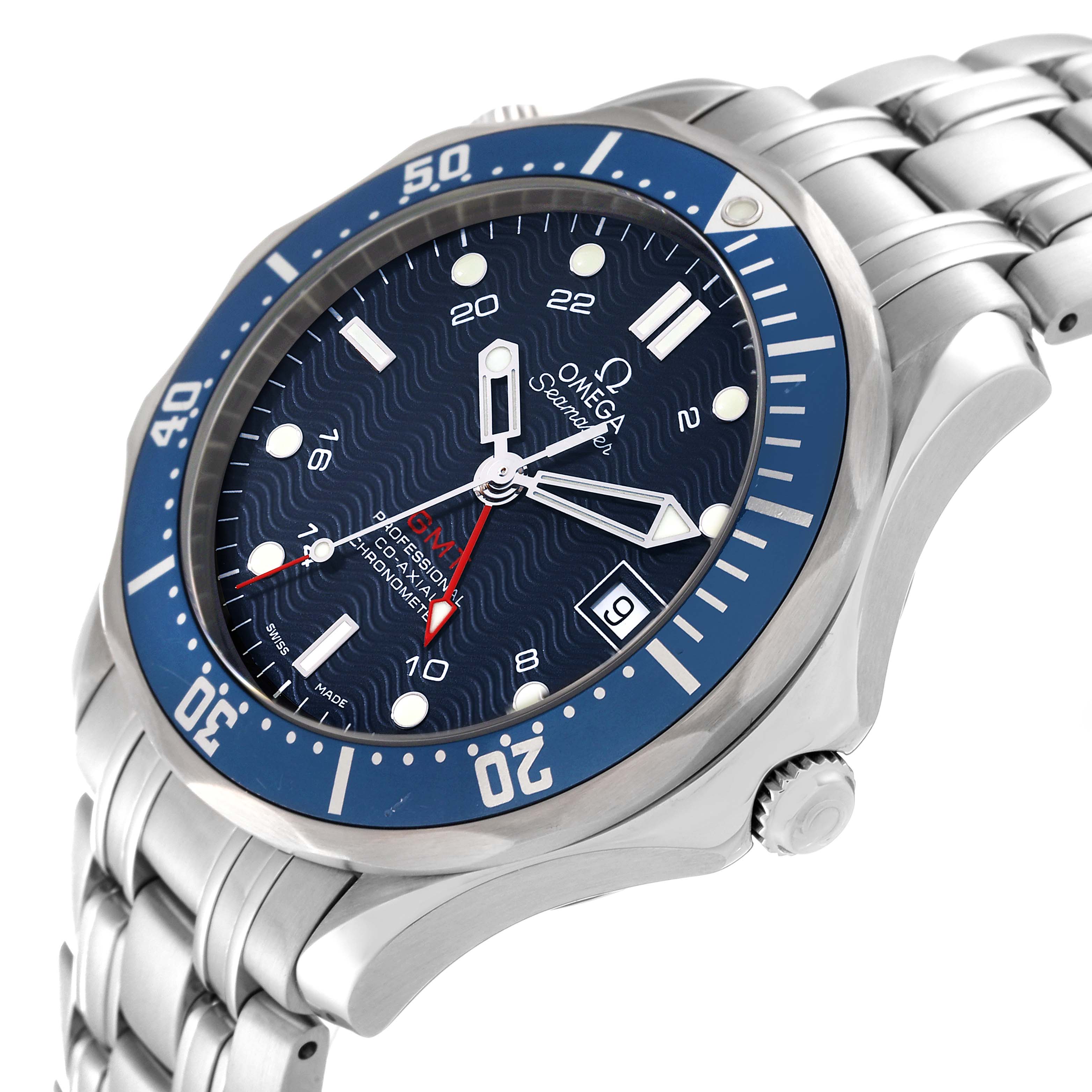 The Omega Seamaster 2535.80.00 Men
s Stainless Steel Blue Dial 2535.80.00 Men
s Stainless Steel Blue Dial watch is shown at an angle highlighting the face, bezel, and stainless steel bracelet.