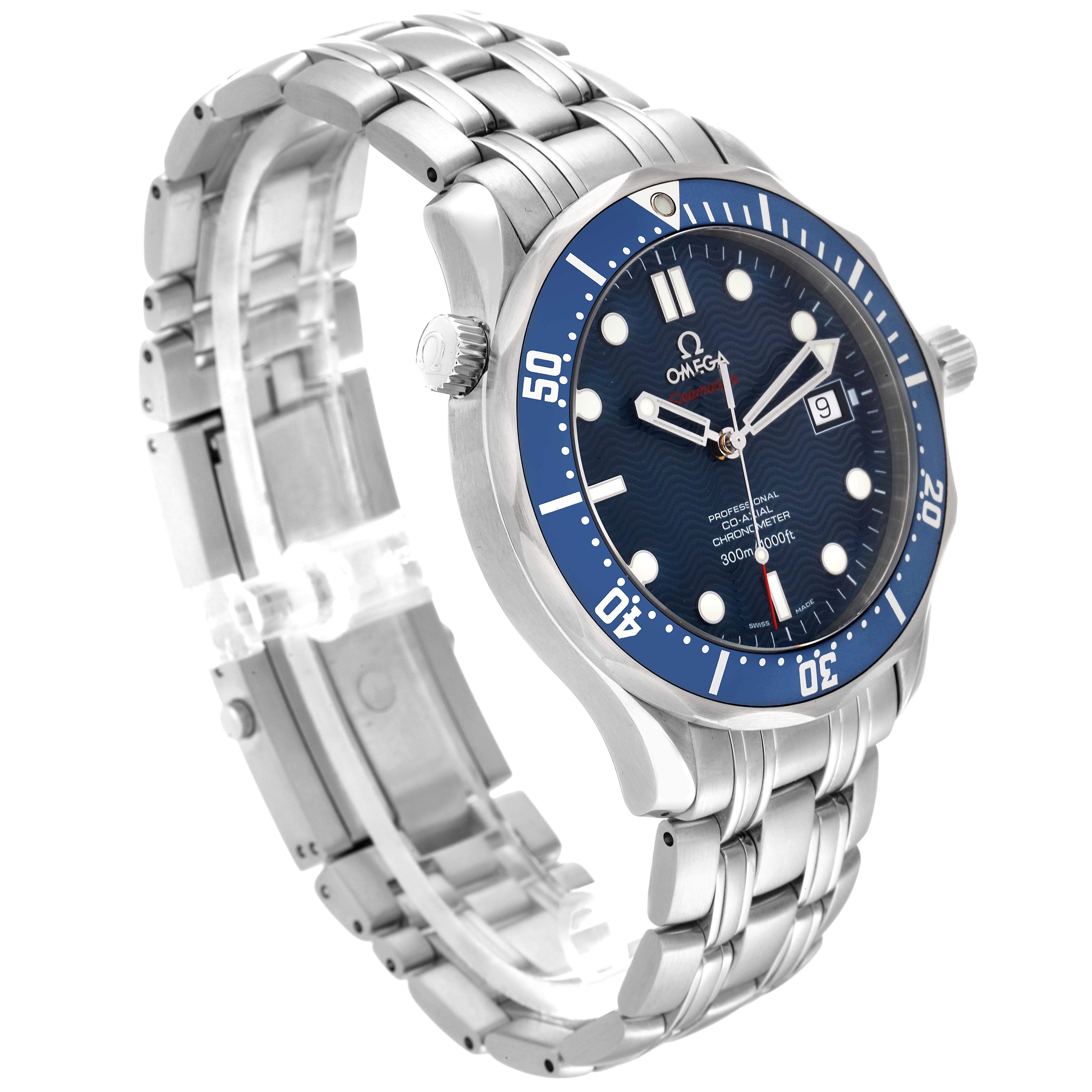 The image shows a side angle of the Omega Seamaster 2220.80.00 Men's Stainless Steel Blue Dial 2220.80.00 Men's Stainless Steel Blue Dial watch, highlighting its stainless steel bracelet, blue dial, and bezel.