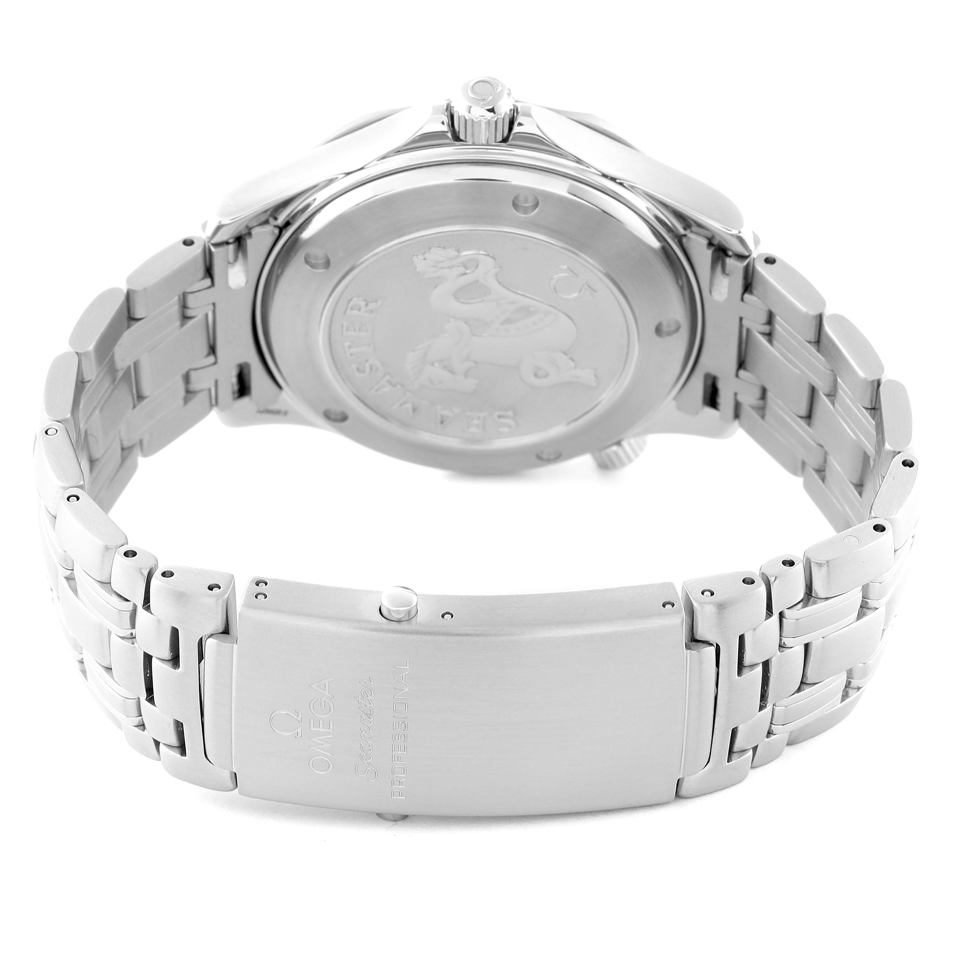 The image shows the back case and bracelet of an Omega Seamaster 2220.80.00 Men's Stainless Steel Blue Dial 2220.80.00 Men's Stainless Steel Blue Dial watch, including the clasp and engraved logo.