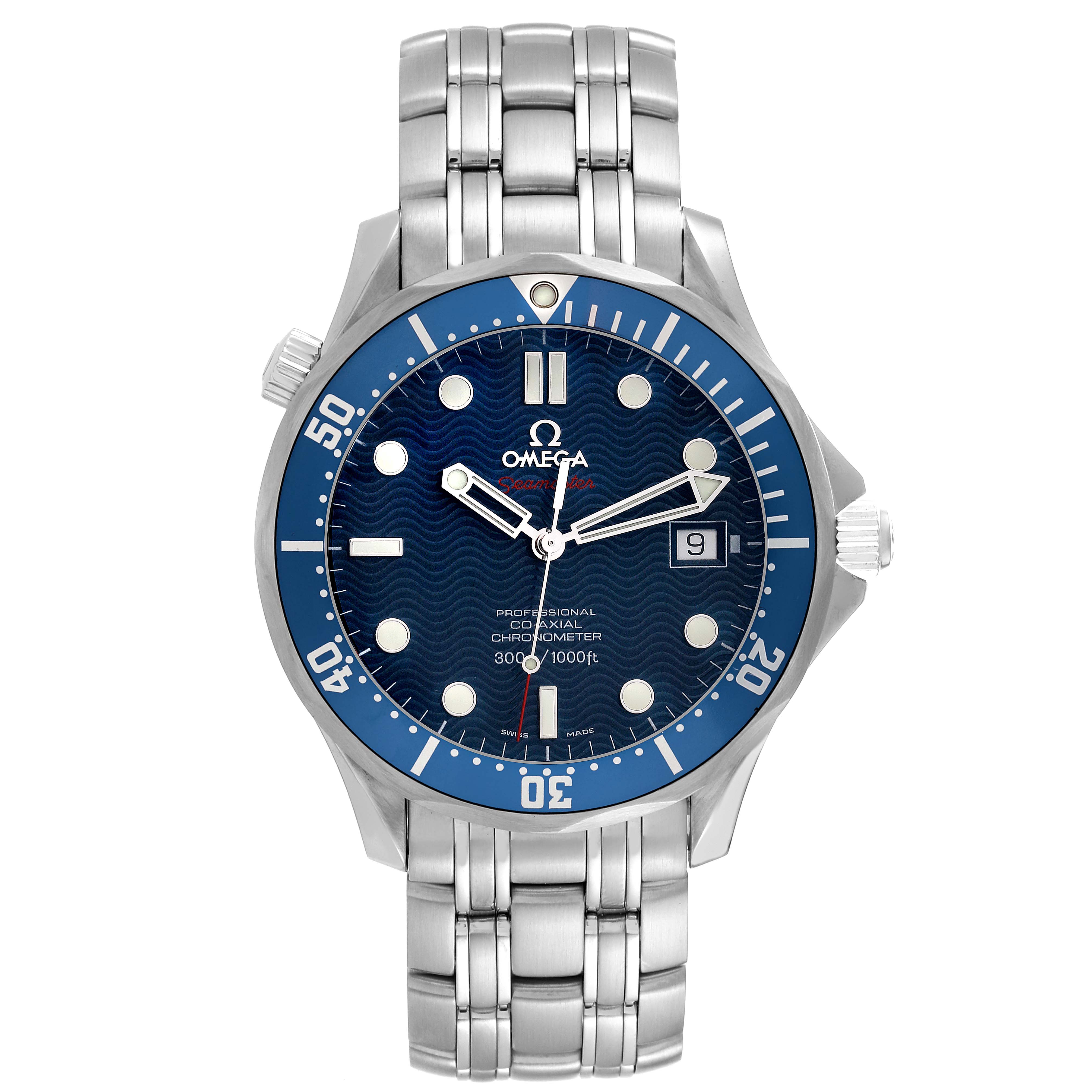 The image shows a front view of the Omega Seamaster 2220.80.00 Men's Stainless Steel Blue Dial 2220.80.00 Men's Stainless Steel Blue Dial watch, highlighting the dial, bezel, crown, and stainless steel bracelet.