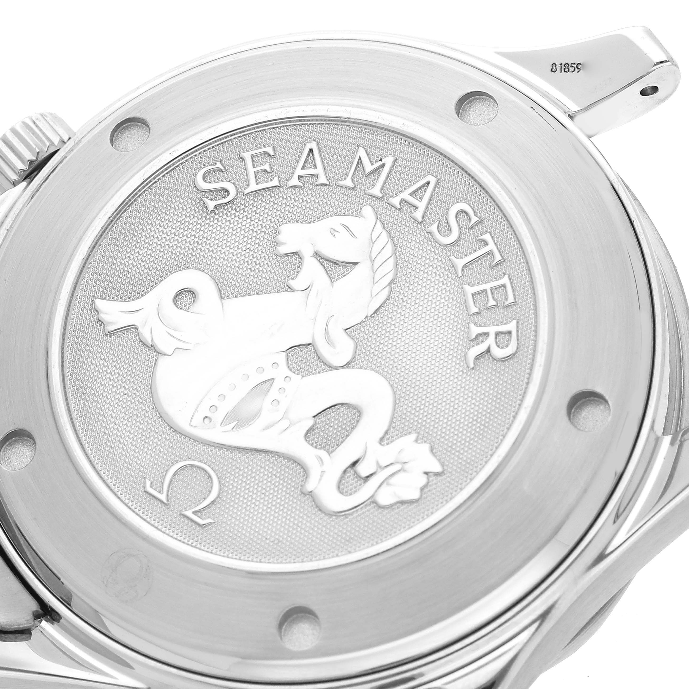 The image shows the back case of an Omega Seamaster 2220.80.00 Men's Stainless Steel Blue Dial 2220.80.00 Men's Stainless Steel Blue Dial watch featuring the brand logo and model name.