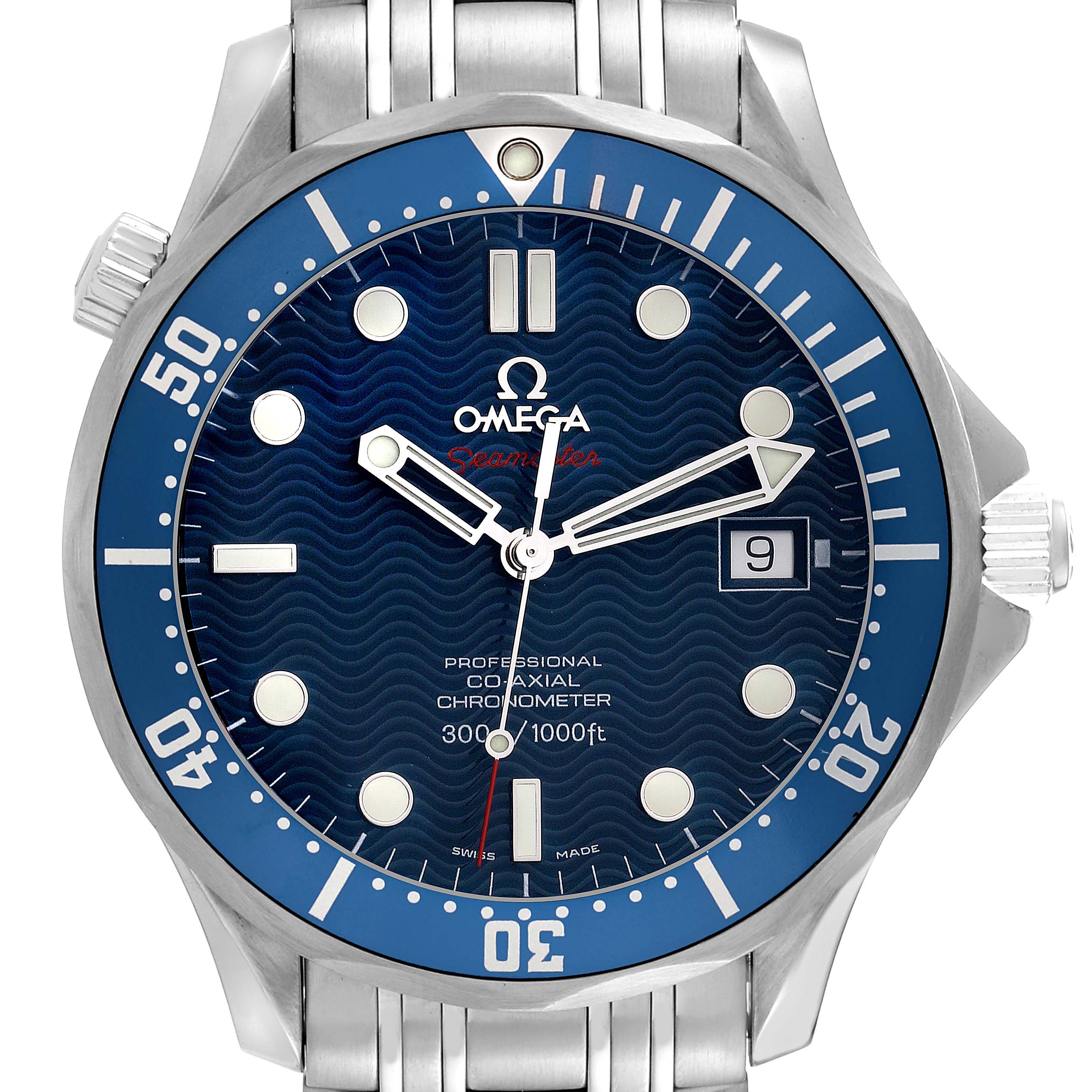 The image shows a front view of an Omega Seamaster 2220.80.00 Men's Stainless Steel Blue Dial 2220.80.00 Men's Stainless Steel Blue Dial watch, highlighting the dial, bezel, hands, and bracelet.
