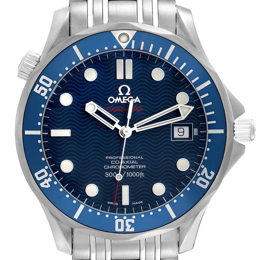 The image shows a front view of an Omega Seamaster watch, highlighting the dial, bezel, hands, and bracelet.