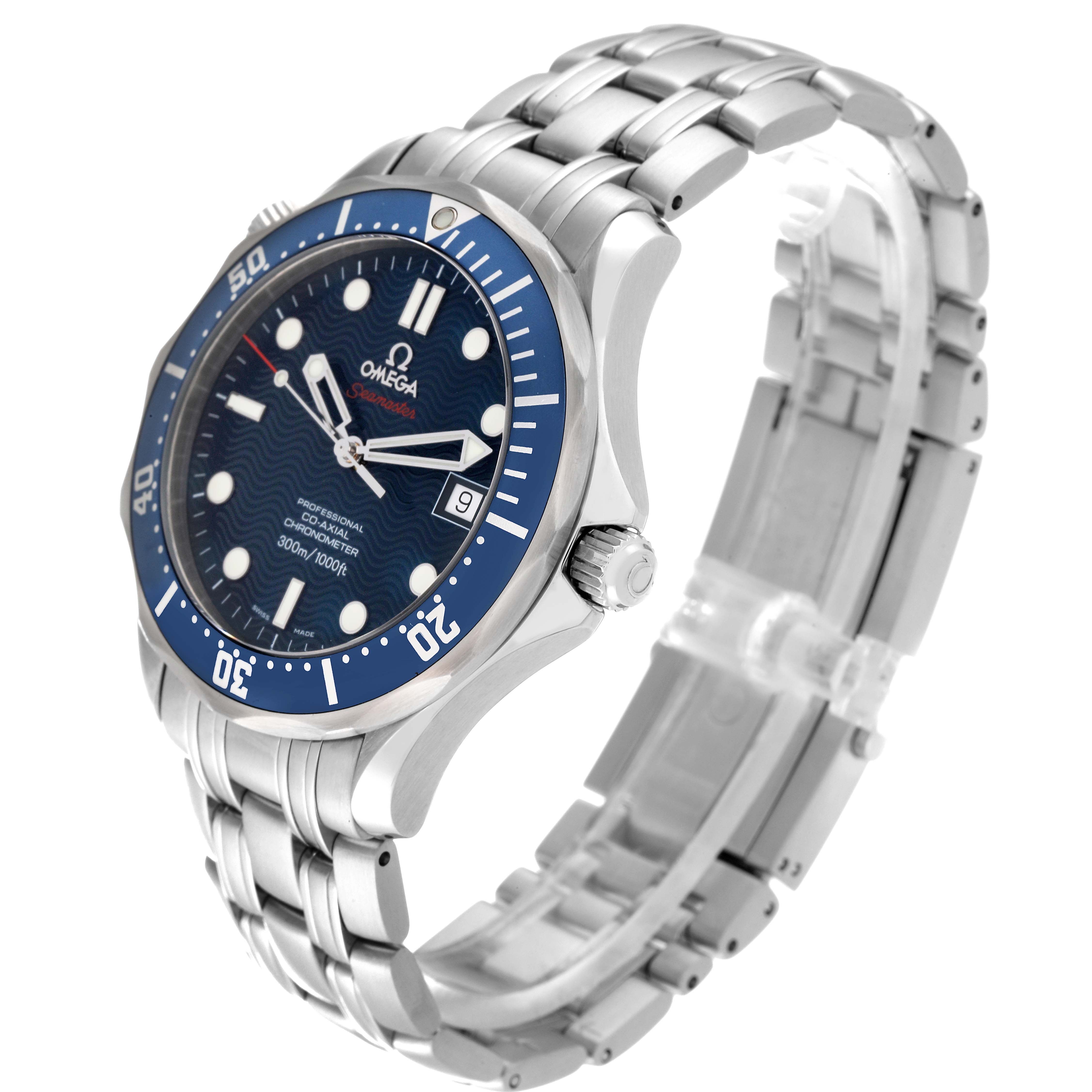 This Omega Seamaster 2220.80.00 Men's Stainless Steel Blue Dial 2220.80.00 Men's Stainless Steel Blue Dial model watch is shown at an angled view highlighting the dial, bezel, crown, and stainless steel bracelet.