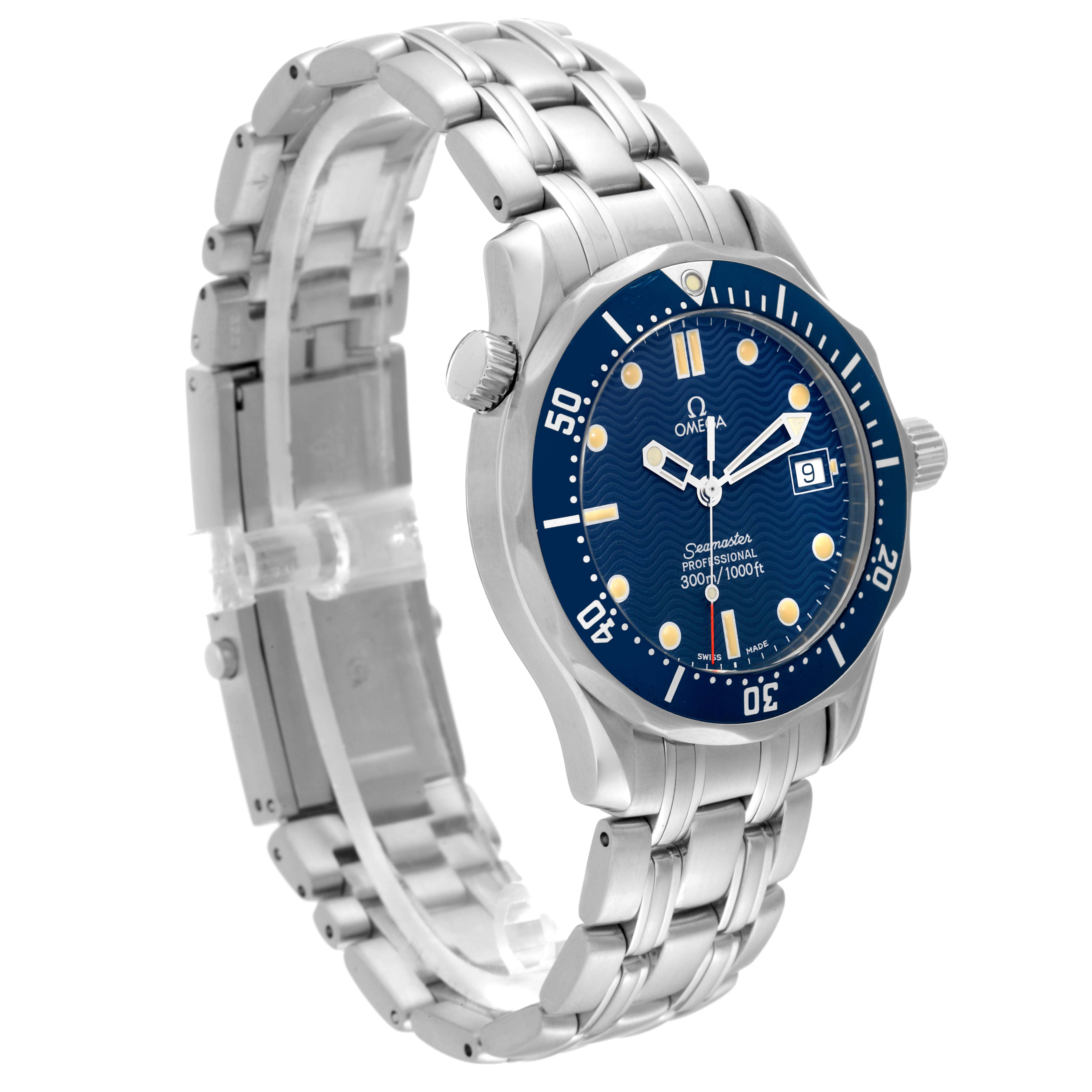 The Omega Seamaster 2561.80.00 Men
s Stainless Steel Blue Dial 2561.80.00 Men
s Stainless Steel Blue Dial watch is shown at an angle displaying the face, bezel, and metal bracelet.