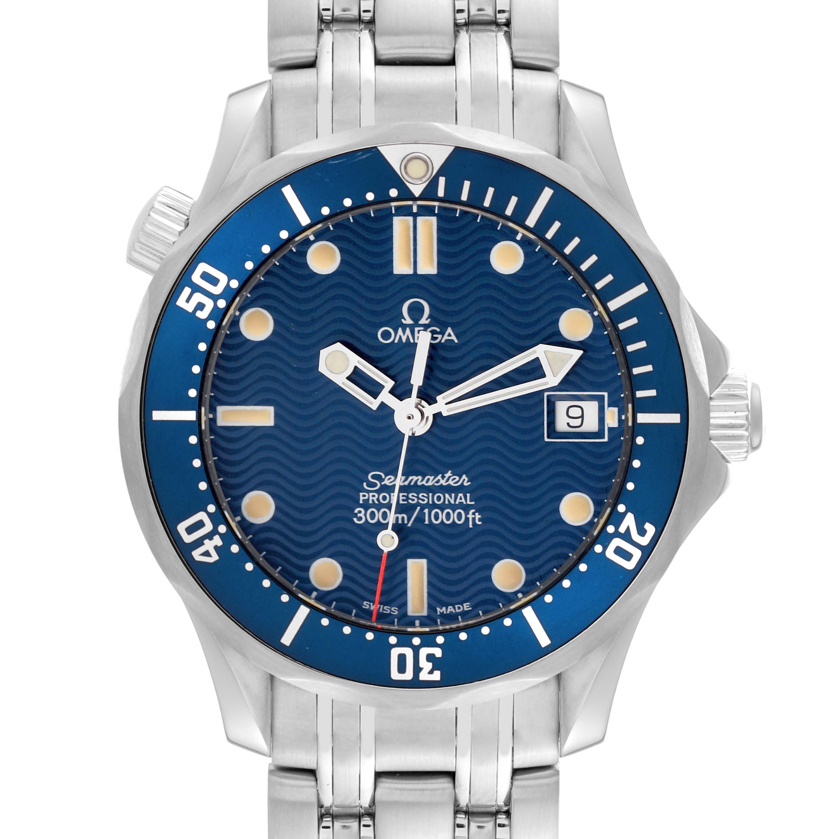 This is a frontal view of an Omega Seamaster 2561.80.00 Men
s Stainless Steel Blue Dial 2561.80.00 Men
s Stainless Steel Blue Dial watch, showing the dial, hands, bezel, and part of the stainless steel bracelet.
