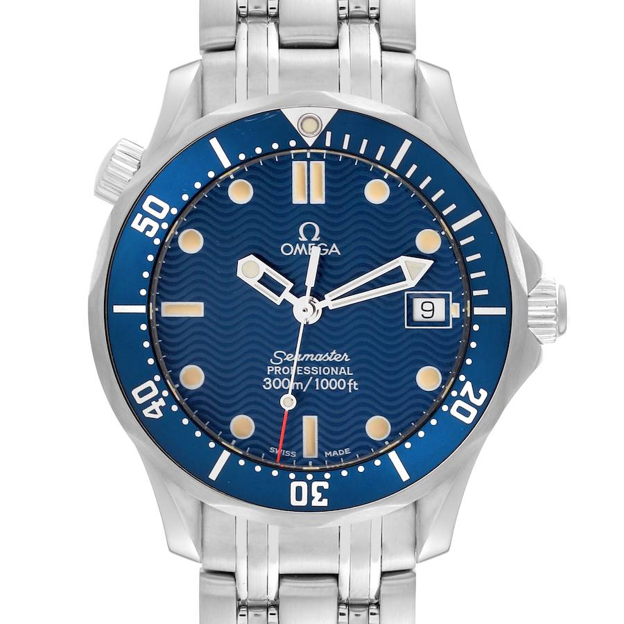 This is a frontal view of an Omega Seamaster watch, showing the dial, hands, bezel, and part of the stainless steel bracelet.