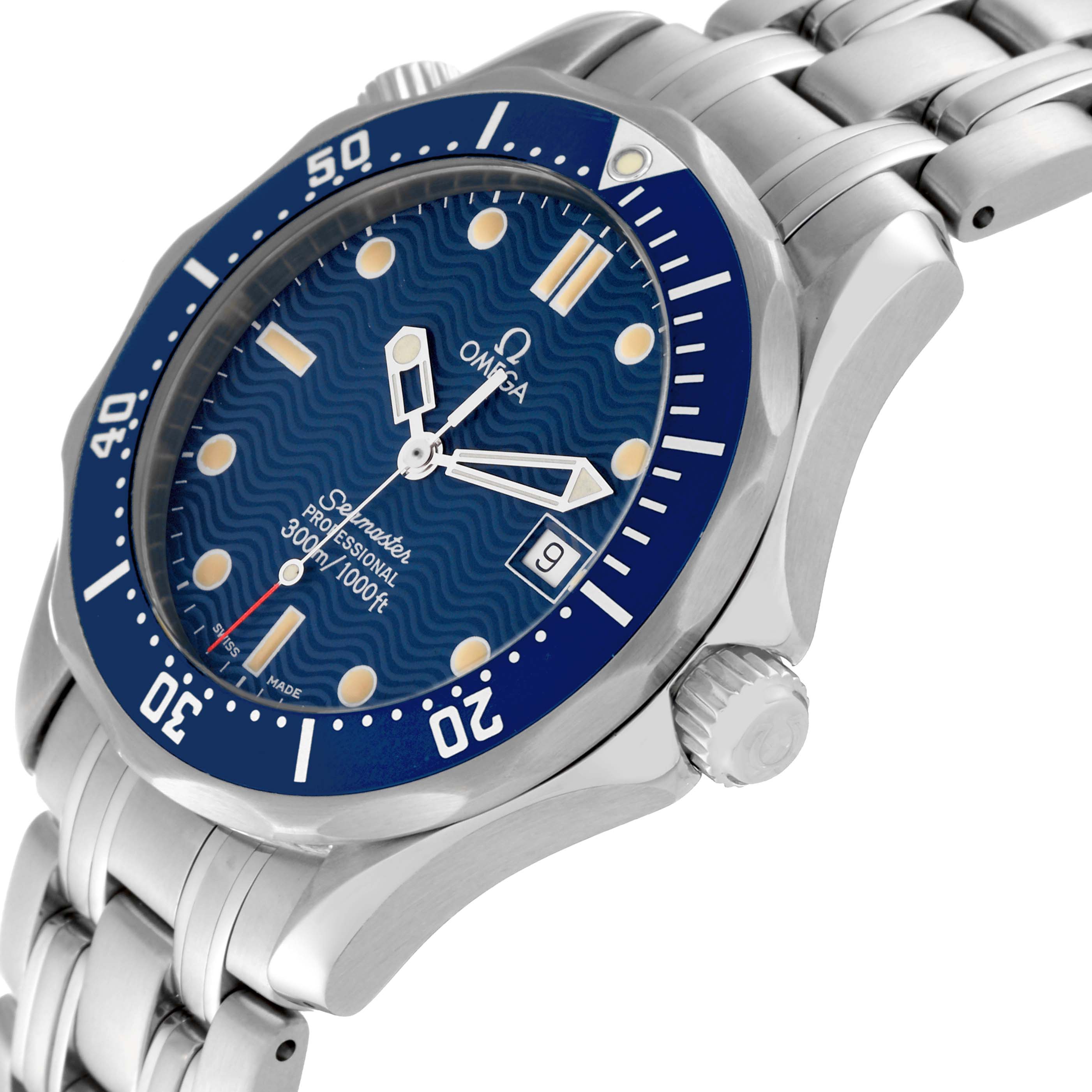 The Omega Seamaster 2561.80.00 Men
s Stainless Steel Blue Dial 2561.80.00 Men
s Stainless Steel Blue Dial watch is shown at an angle revealing the face, bezel, crown, and bracelet.