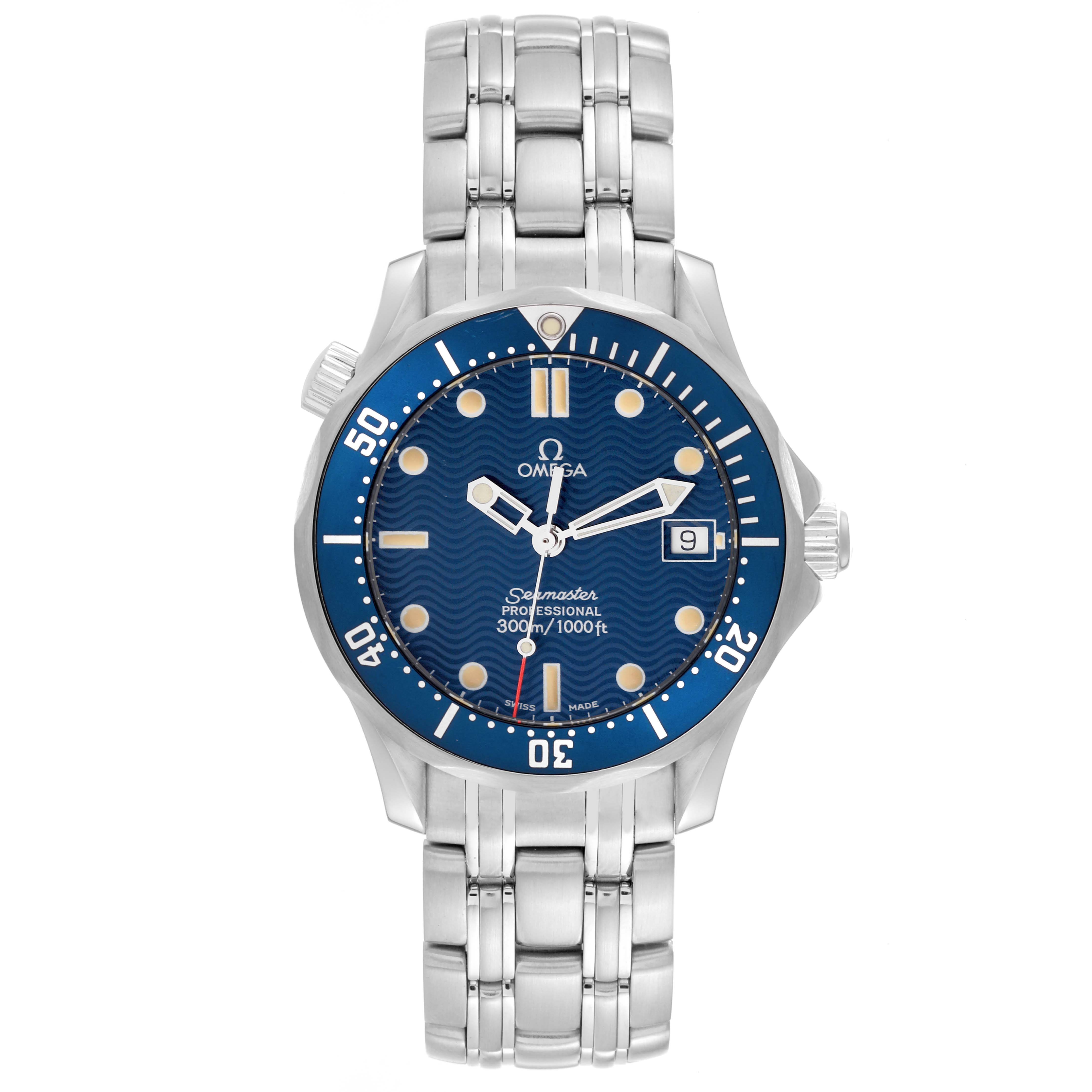 This image shows a front view of the Omega Seamaster 2561.80.00 Men
s Stainless Steel Blue Dial 2561.80.00 Men
s Stainless Steel Blue Dial watch, highlighting the blue dial, date window, and stainless steel bracelet.