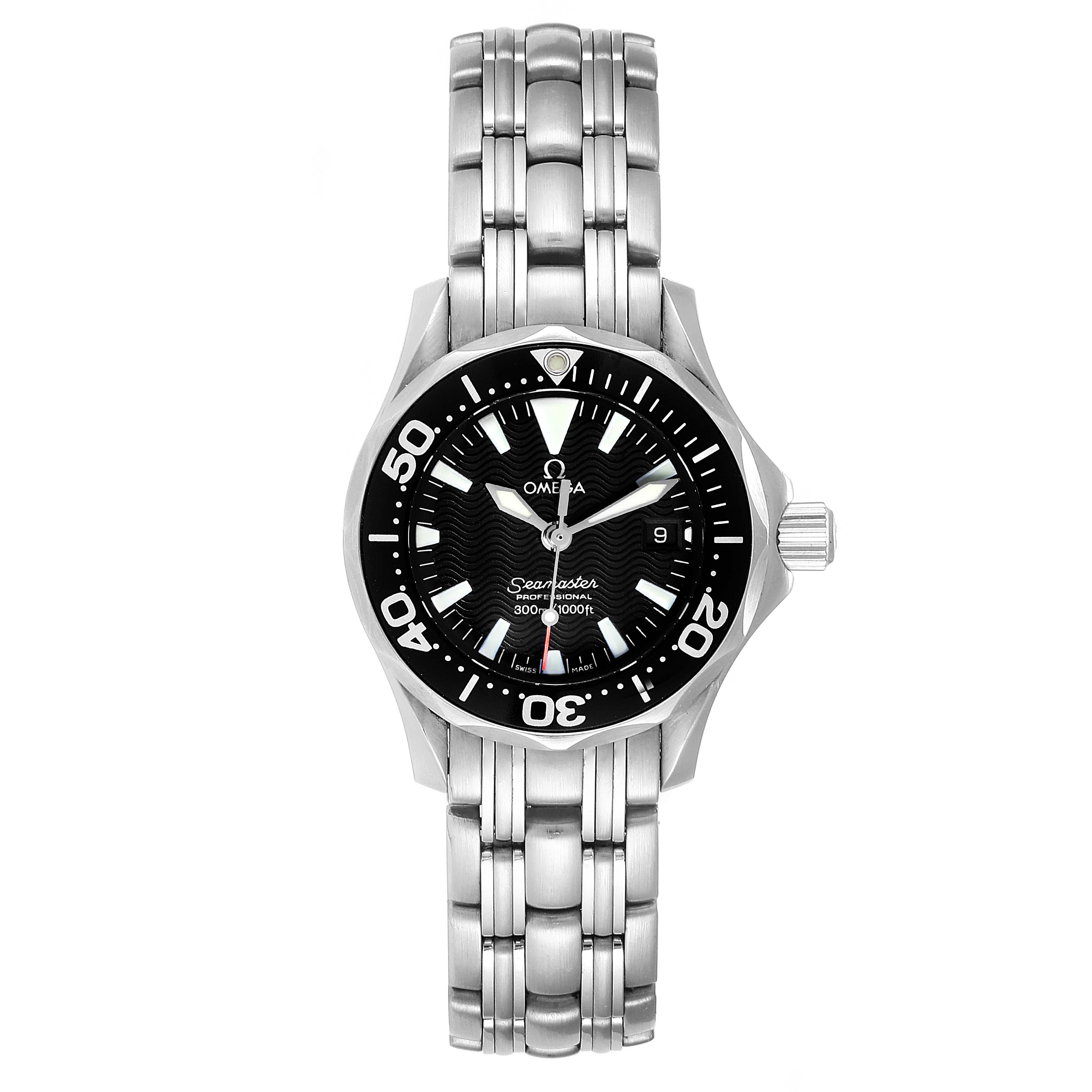 The image shows the front view of an Omega 2284.50.00 Women's Stainless Steel Black Dial 2284.50.00 Women's Stainless Steel Black Dial Seamaster Diver 300M Quartz 28mm Steel Ladies Watch 2284.50.00, highlighting its dial and bracelet.