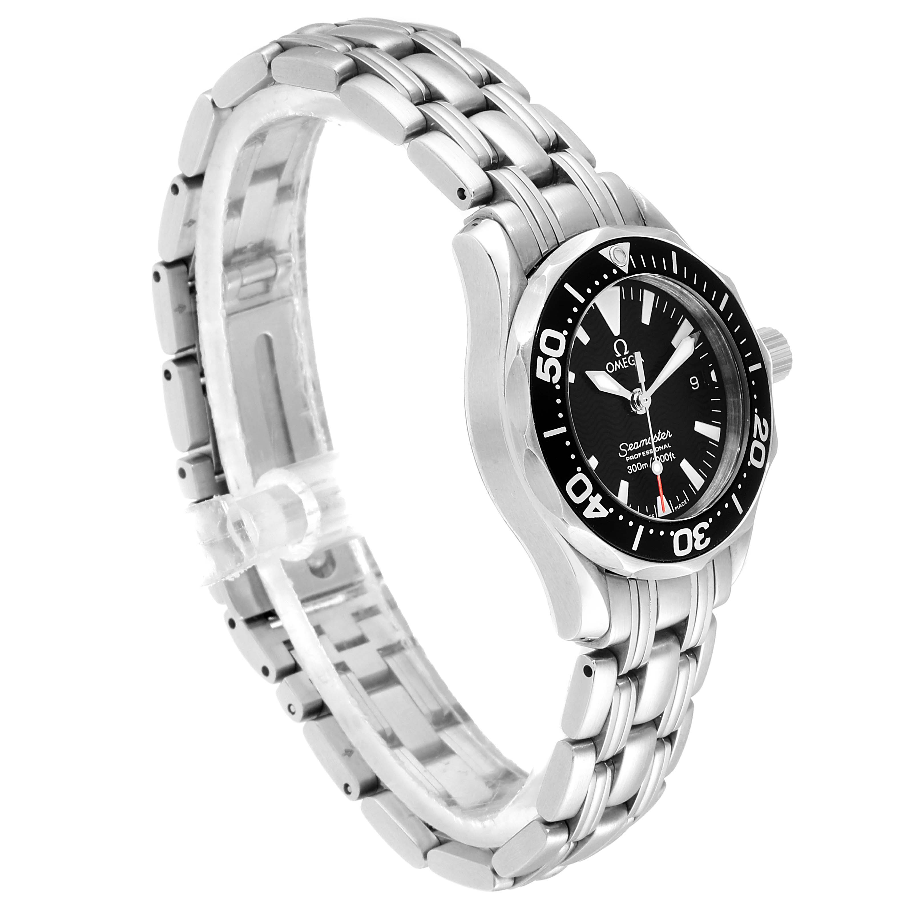 The image shows the Omega 2284.50.00 Women's Stainless Steel Black Dial 2284.50.00 Women's Stainless Steel Black Dial Seamaster Diver 300M Quartz 28mm Steel Ladies Watch 2284.50.00 at a front-left angle displaying its face and bracelet.