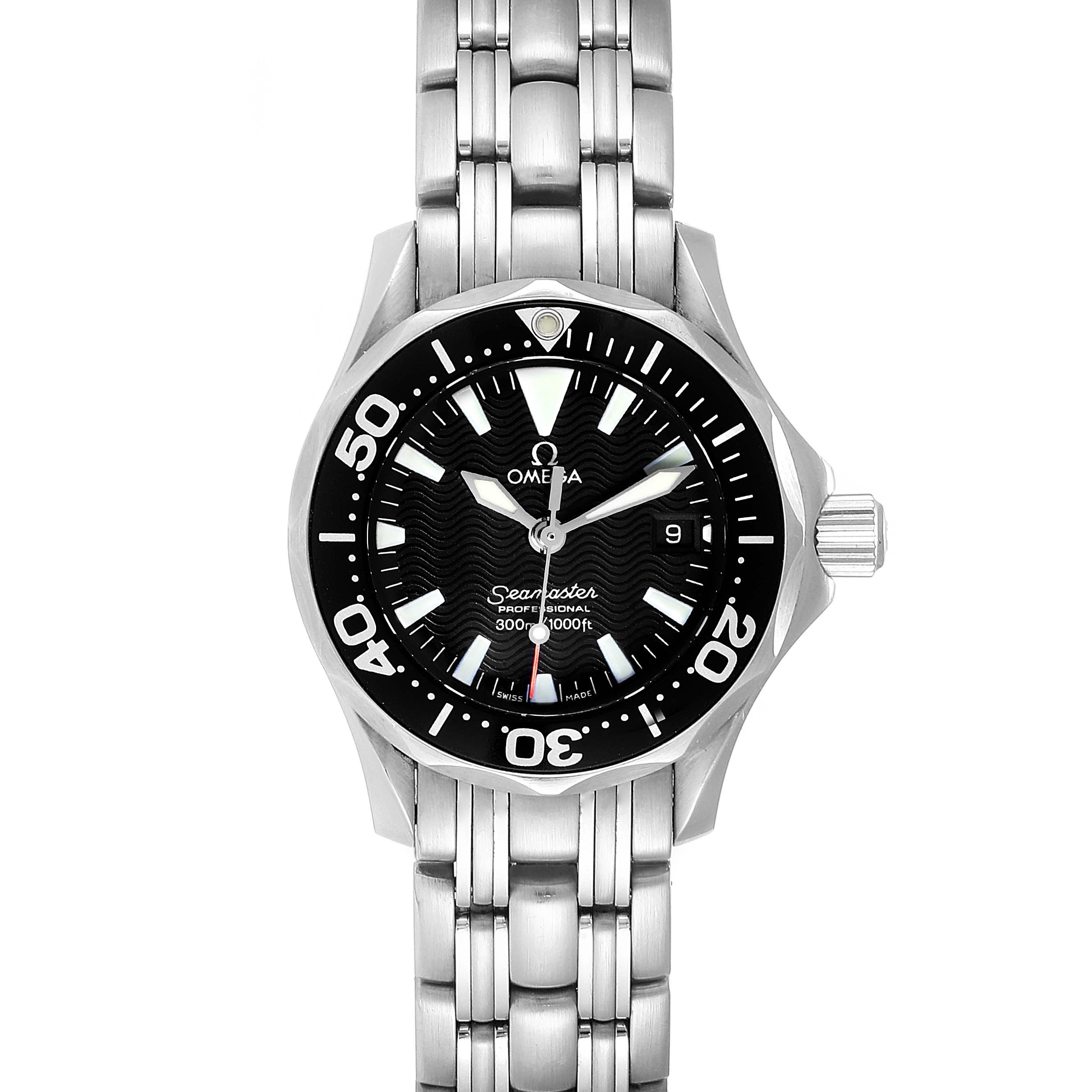 This image shows the front view of an Omega 2284.50.00 Women's Stainless Steel Black Dial 2284.50.00 Women's Stainless Steel Black Dial Seamaster Diver 300M Quartz 28mm Steel Ladies Watch, model 2284.50.00.