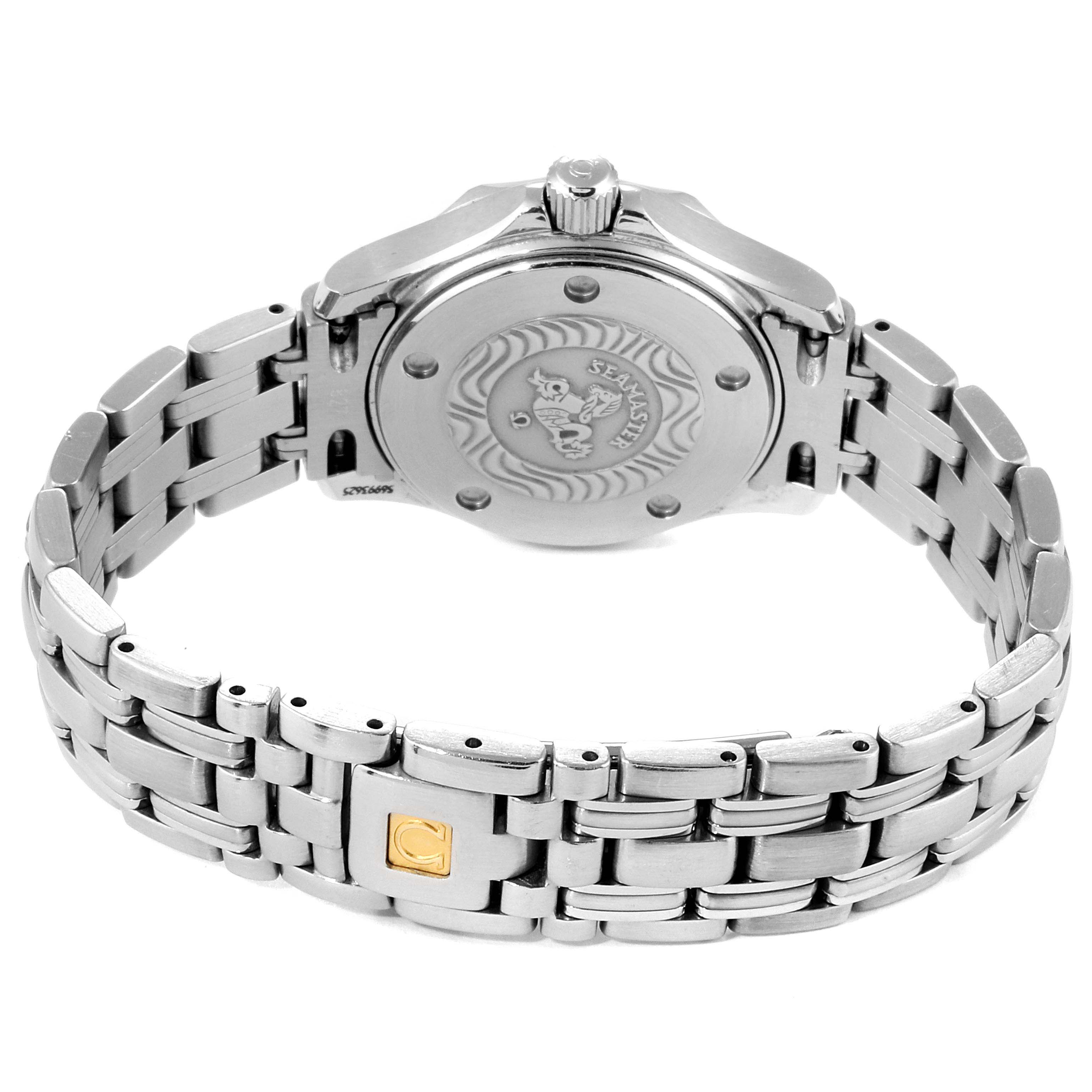 The image shows the back view of the Omega 2284.50.00 Women's Stainless Steel Black Dial 2284.50.00 Women's Stainless Steel Black Dial Seamaster Diver 300M Quartz 28mm Steel Ladies Watch 2284.50.00, showcasing its case back and bracelet.