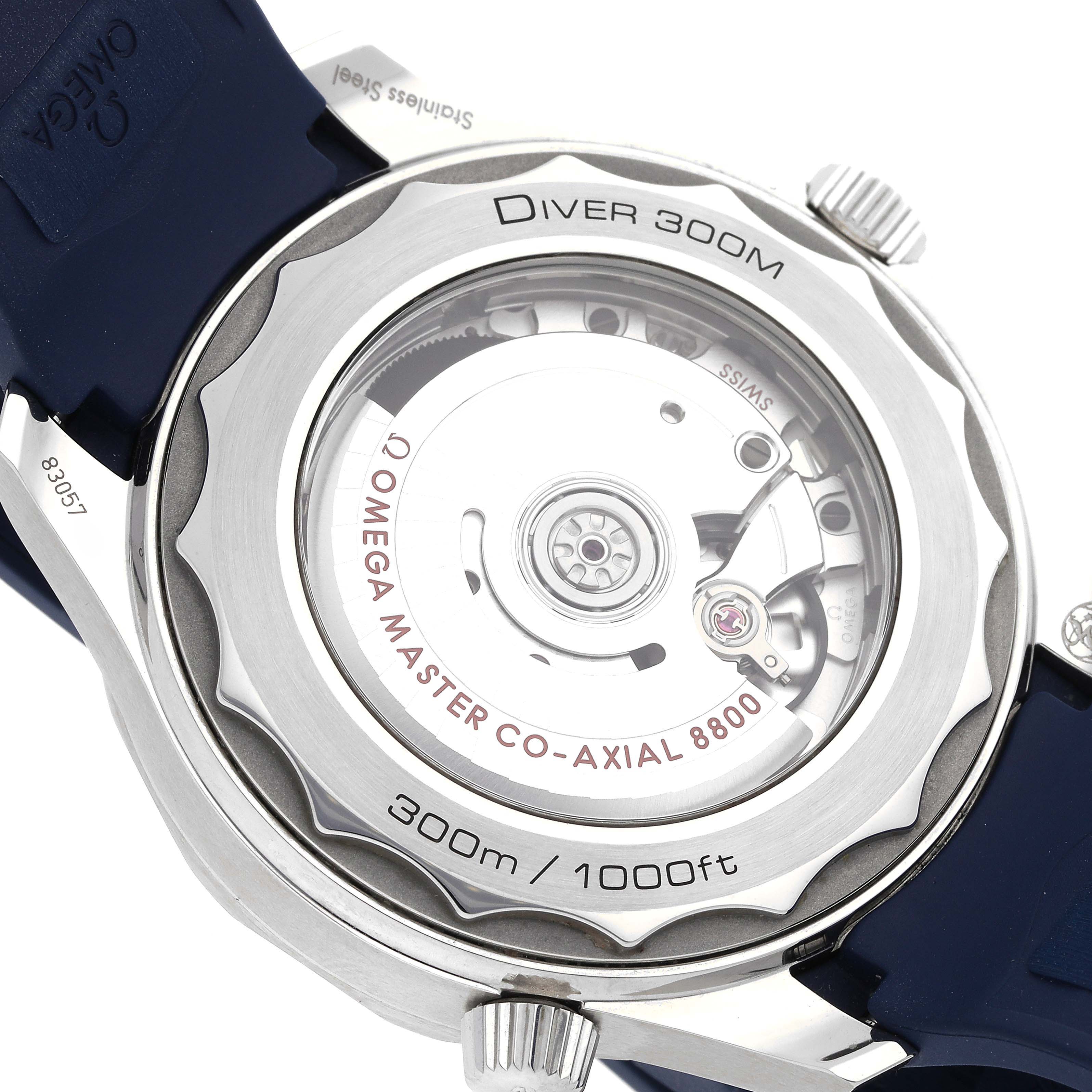 The image shows the back of the Omega Seamaster 210.32.42.20.06.001 Men's Stainless Steel Grey Dial 210.32.42.20.06.001 Men's Stainless Steel Grey Dial, highlighting the Master Co-Axial 8800 movement and 300m water resistance.