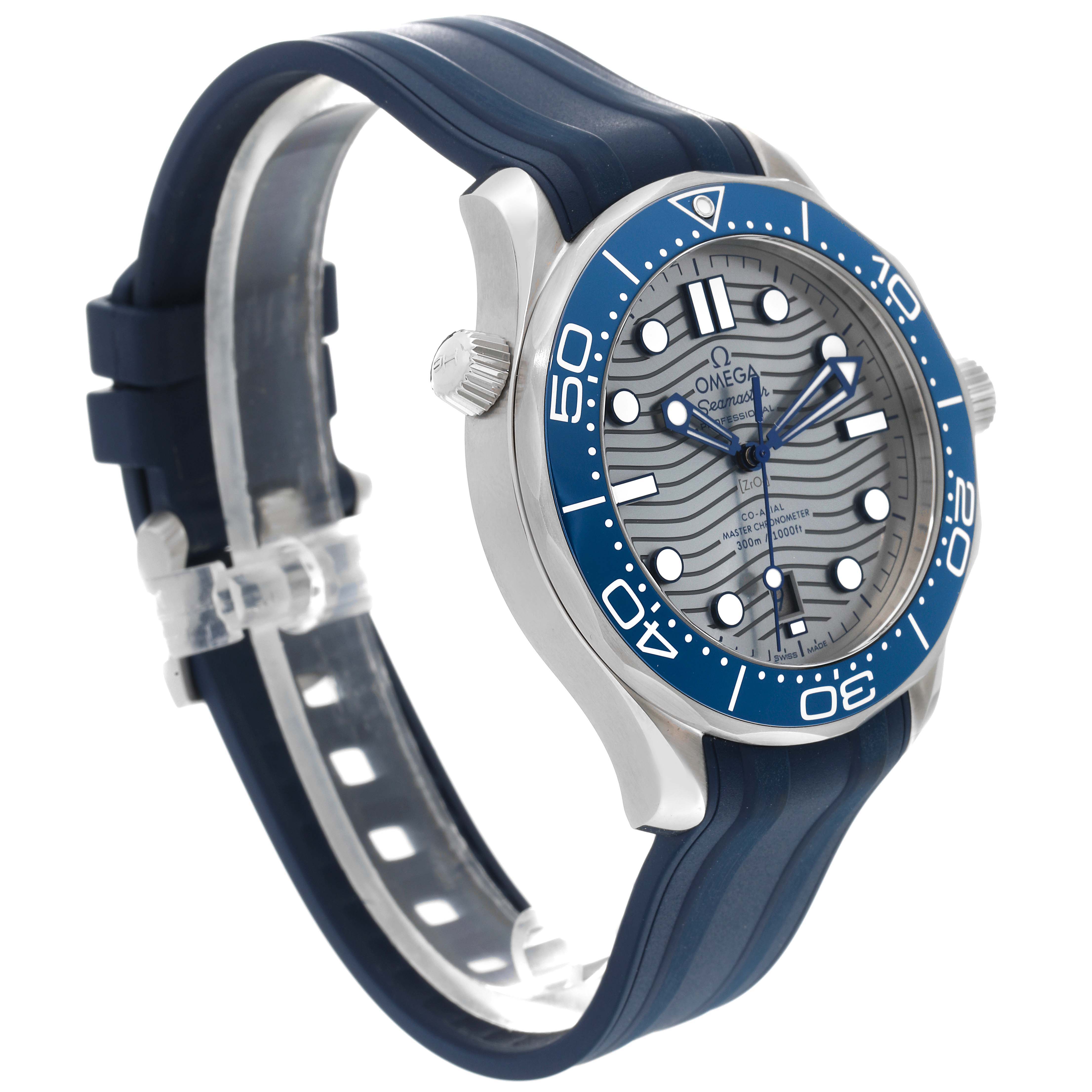 The image shows a side and front angle view of the Omega Seamaster 210.32.42.20.06.001 Men's Stainless Steel Grey Dial 210.32.42.20.06.001 Men's Stainless Steel Grey Dial watch, displaying the dial, bezel, case, crown, and strap.