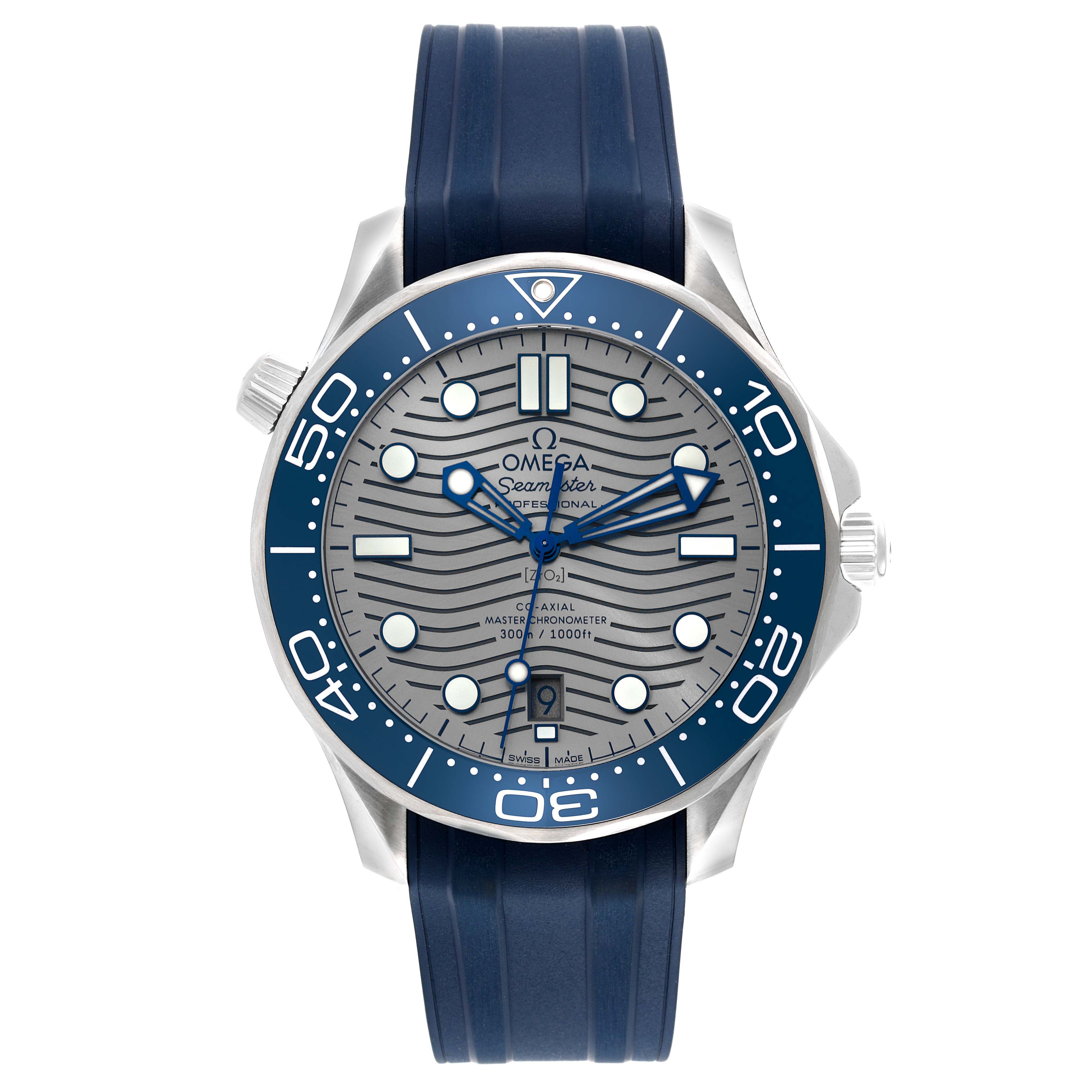 The image shows a front view of the Omega Seamaster 210.32.42.20.06.001 Men's Stainless Steel Grey Dial 210.32.42.20.06.001 Men's Stainless Steel Grey Dial watch, including the dial, bezel, and blue rubber strap.