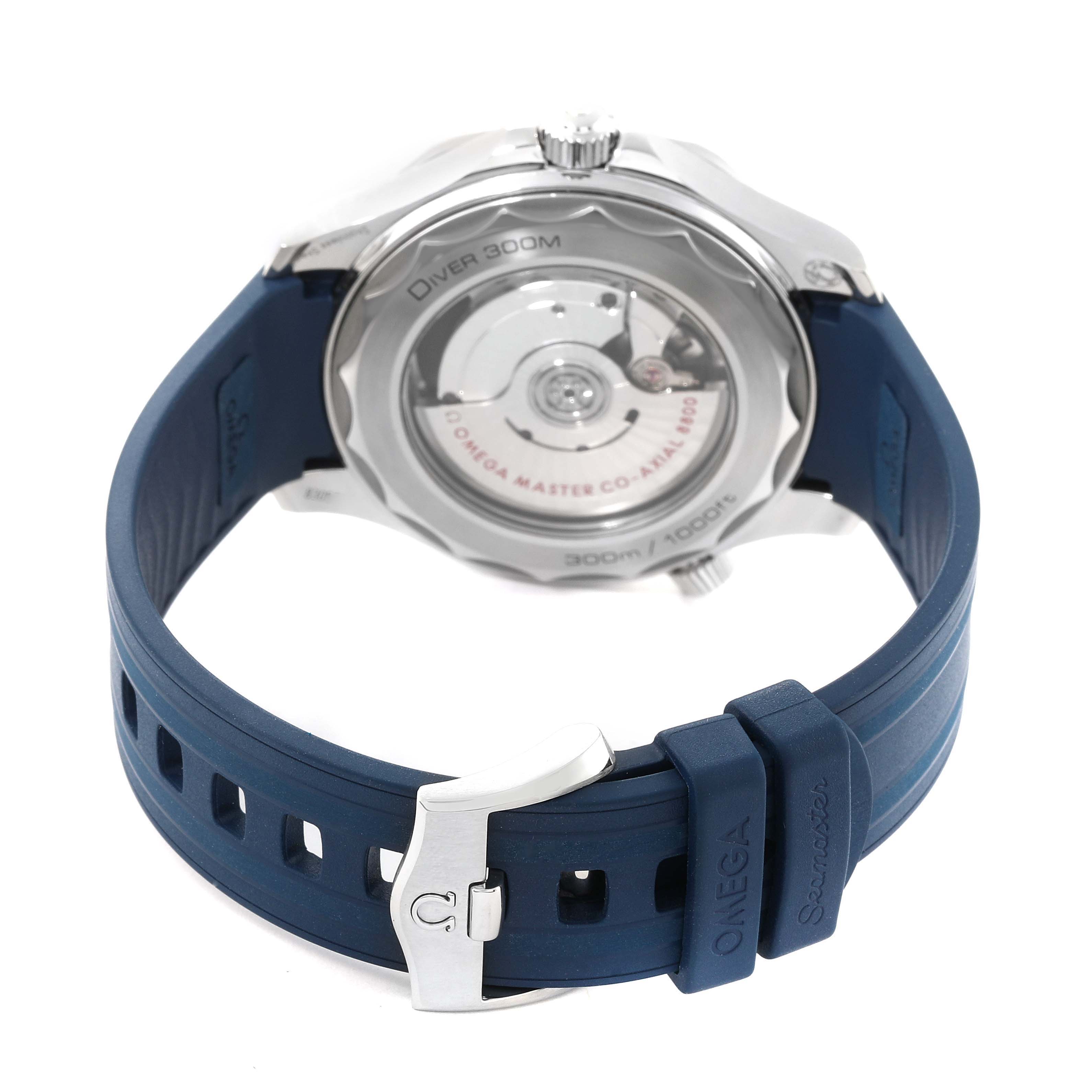 This image shows the back of an Omega Seamaster 210.32.42.20.06.001 Men's Stainless Steel Grey Dial 210.32.42.20.06.001 Men's Stainless Steel Grey Dial watch, highlighting the case back and blue strap with clasp.