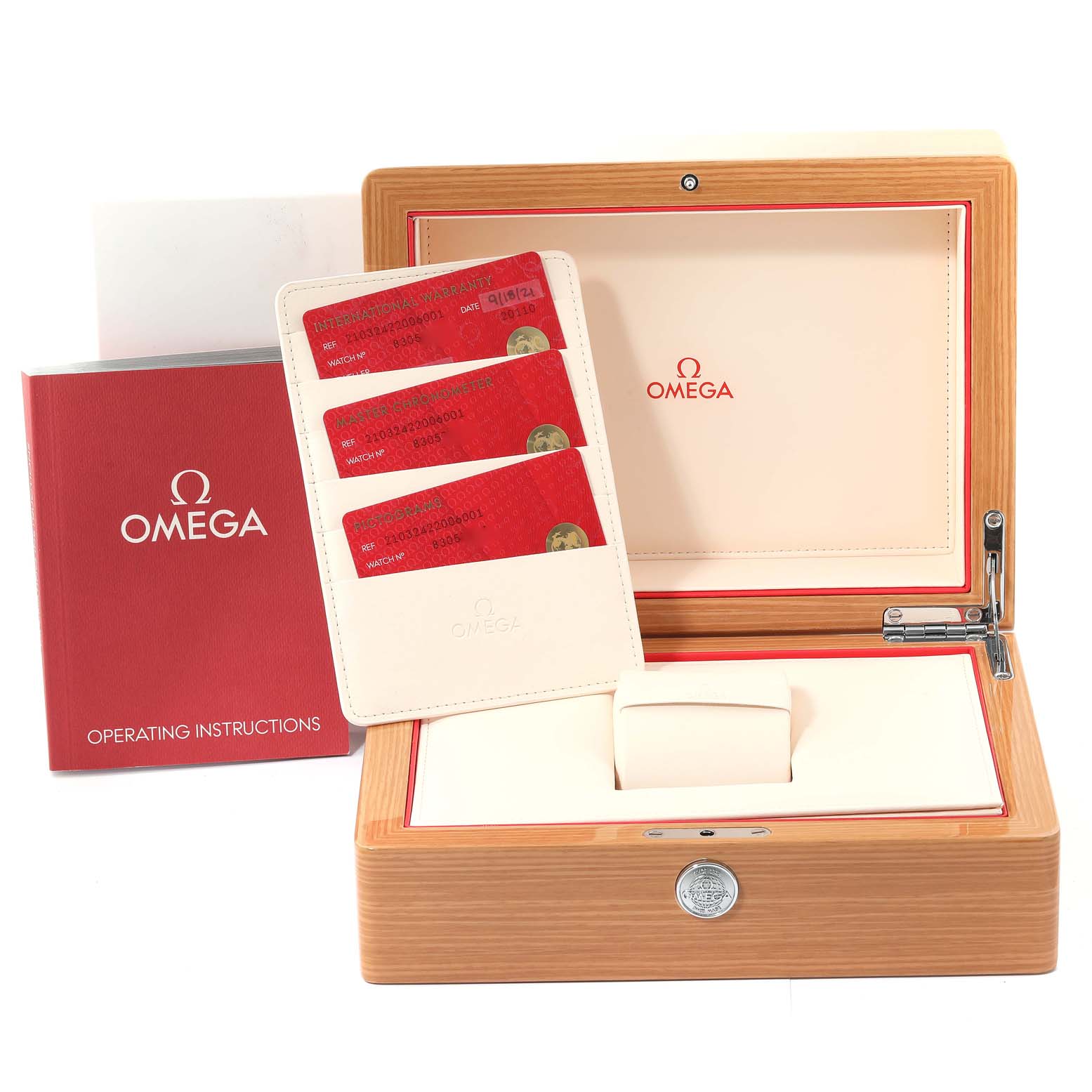 The image shows the accessories of an Omega Seamaster 210.32.42.20.06.001 Men's Stainless Steel Grey Dial 210.32.42.20.06.001 Men's Stainless Steel Grey Dial, including the box, cards, and manual.