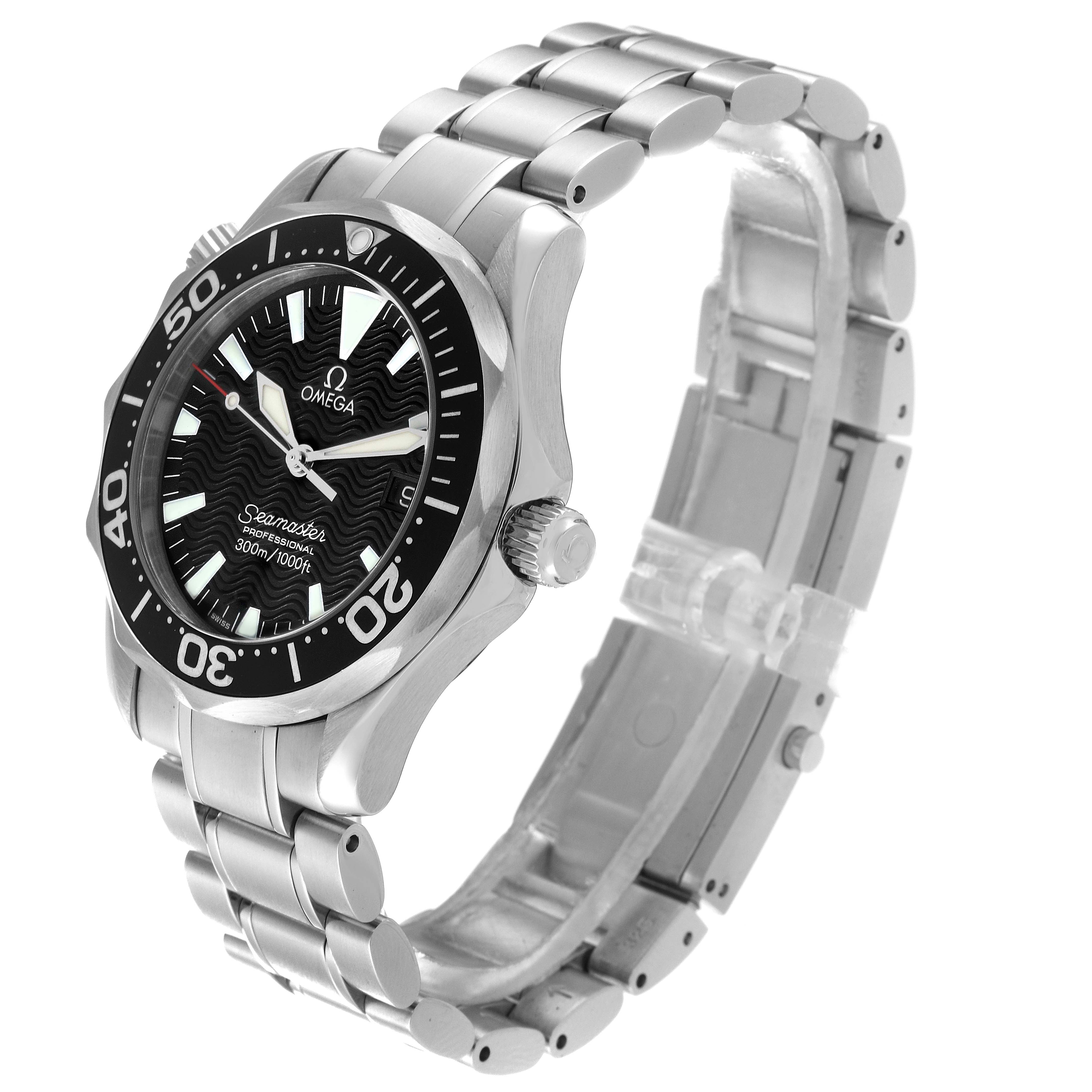 The Omega Seamaster 2262.50.00 Men
s Stainless Steel Black Dial 2262.50.00 Men
s Stainless Steel Black Dial watch is shown at a side angle, displaying the bezel, dial, crown, and stainless steel bracelet.
