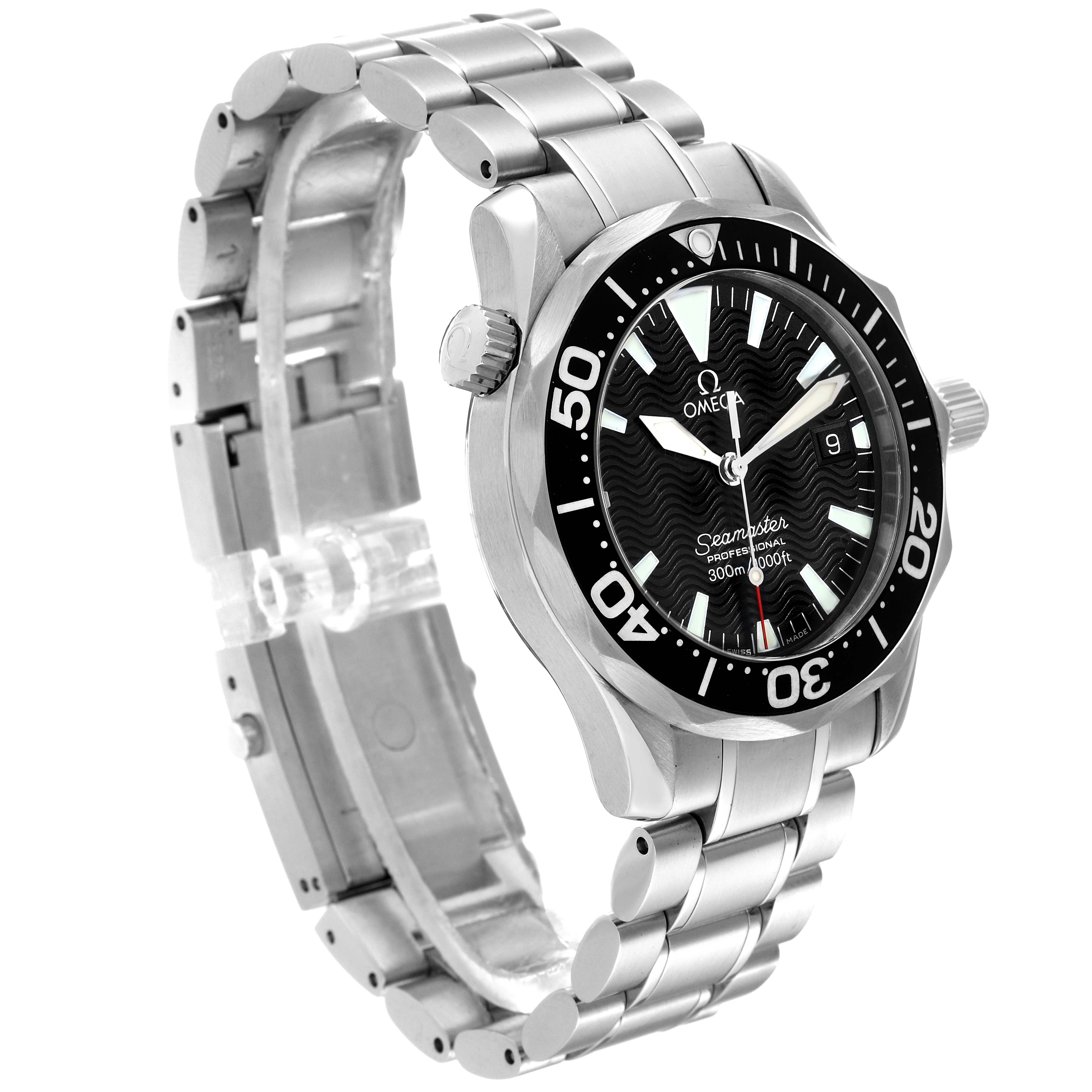 This image shows a three-quarter angled view of the Omega Seamaster 2262.50.00 Men
s Stainless Steel Black Dial 2262.50.00 Men
s Stainless Steel Black Dial watch, highlighting its face, bezel, and metal bracelet.